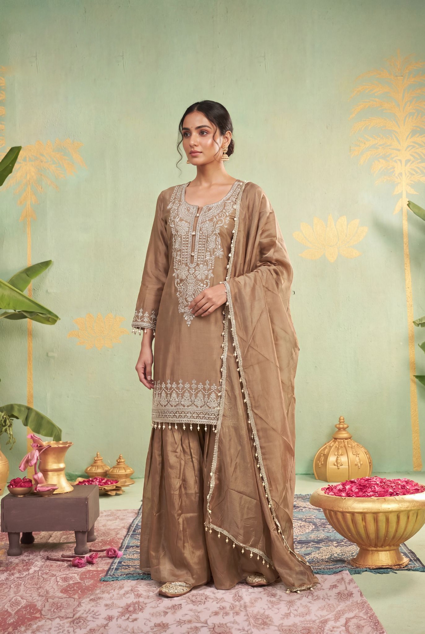 Beige Shimmer Tissue Embroidered Palazzo Suit