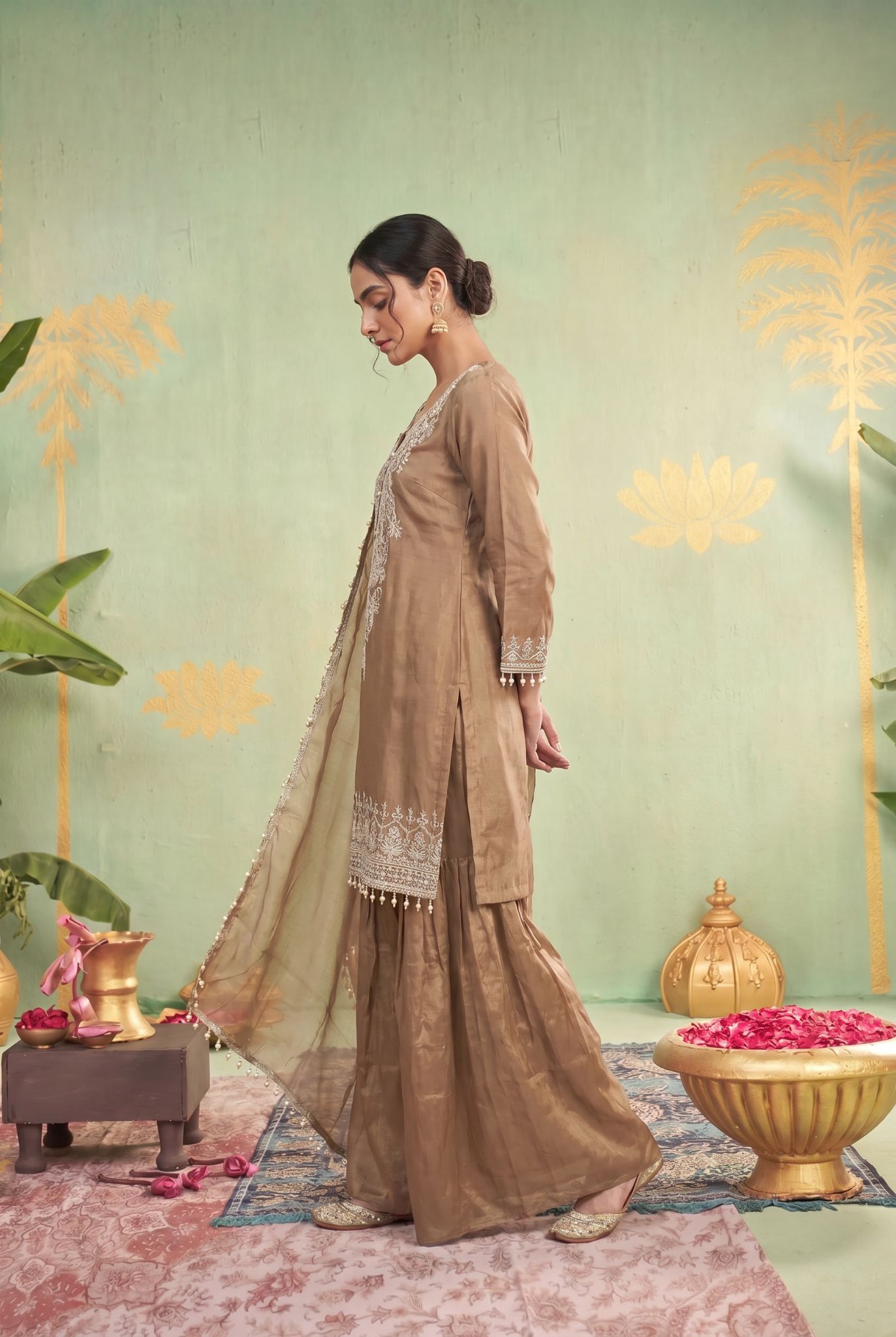 Beige Shimmer Tissue Embroidered Palazzo Suit — alternate view