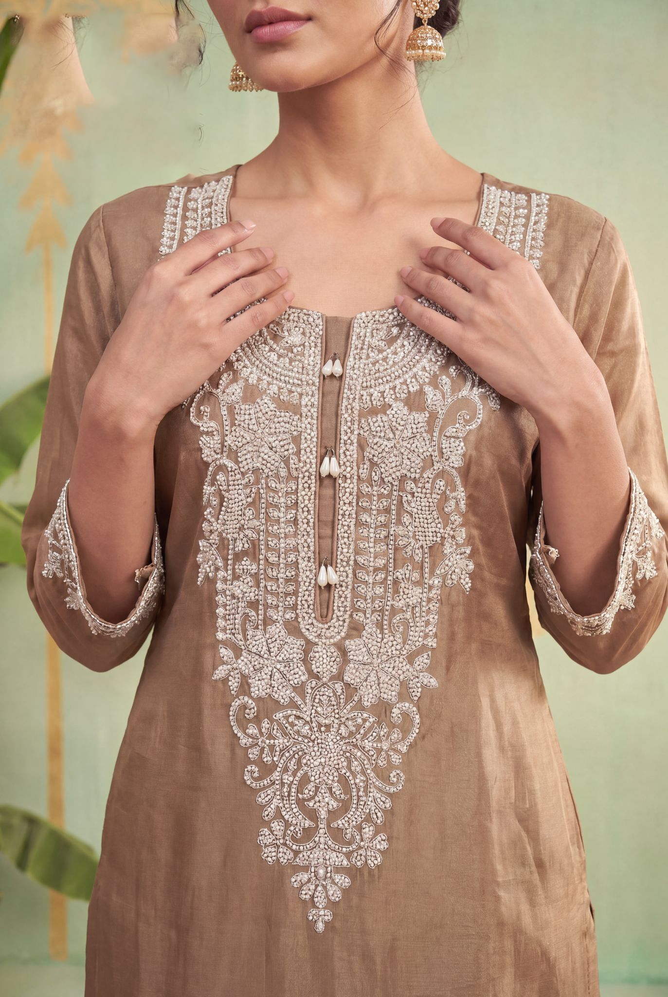 Beige Shimmer Tissue Embroidered Palazzo Suit