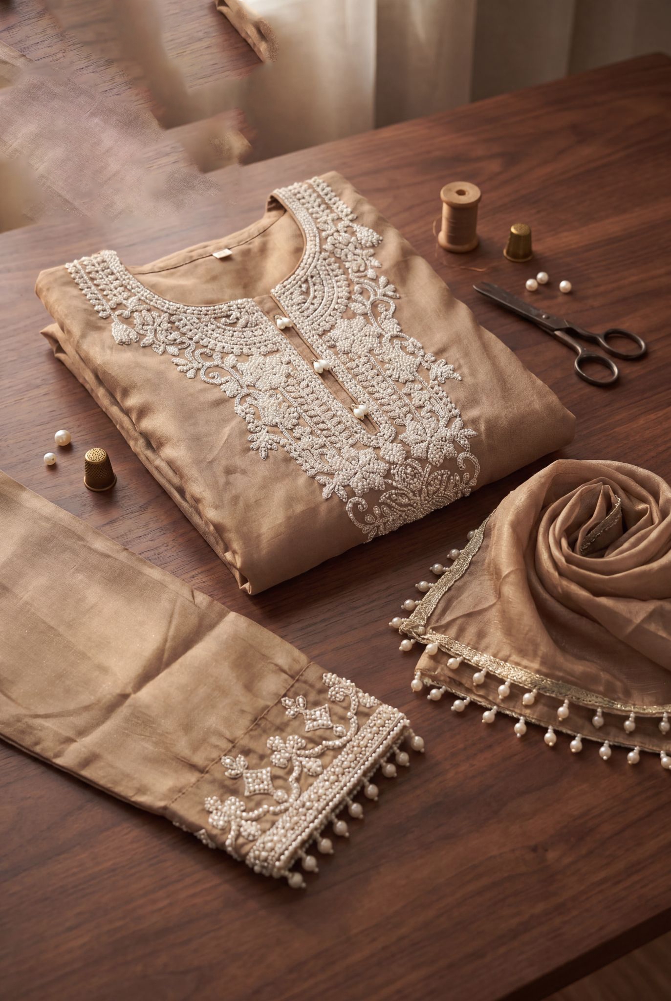 Beige Shimmer Tissue Embroidered Palazzo Suit