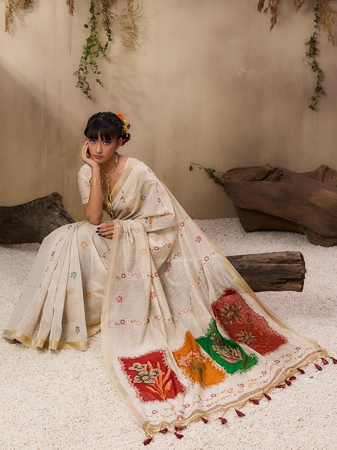 Beige Silk Artistic Patch Resham Woven Festive Saree