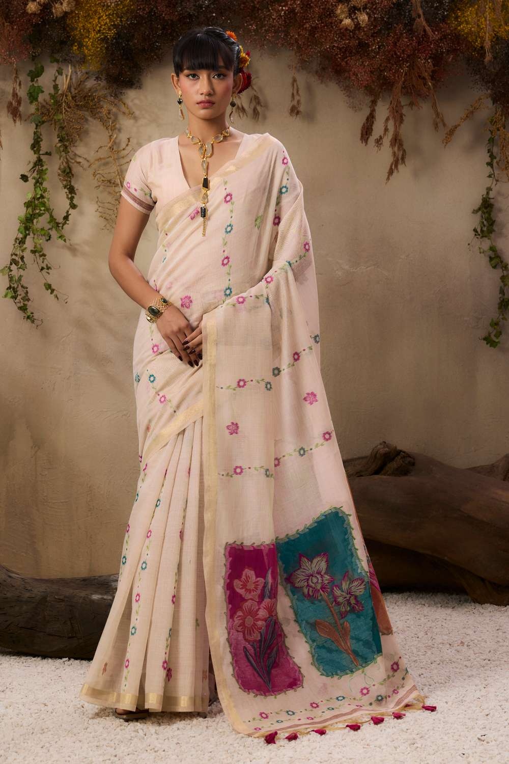 Beige Silk Floral Resham Thread Woven Designer Saree