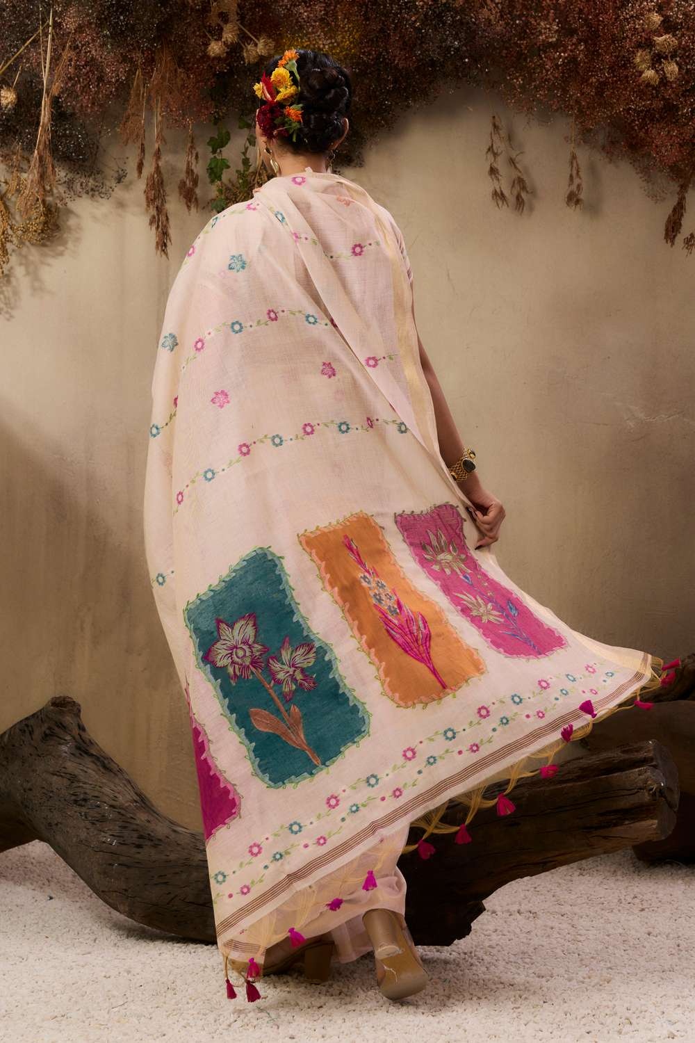 Beige Silk Floral Resham Thread Woven Designer Saree — alternate view