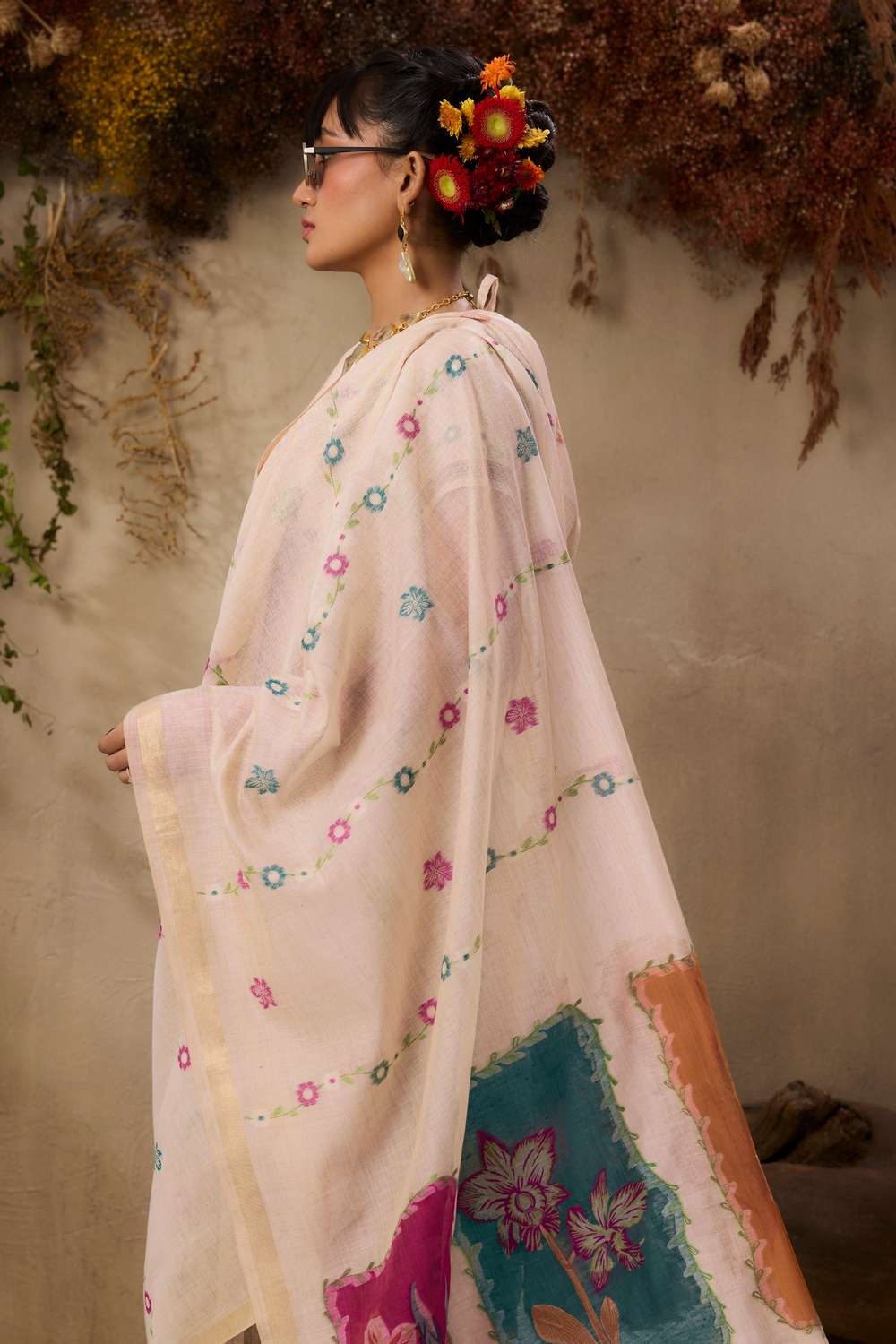 Beige Silk Floral Resham Thread Woven Designer Saree