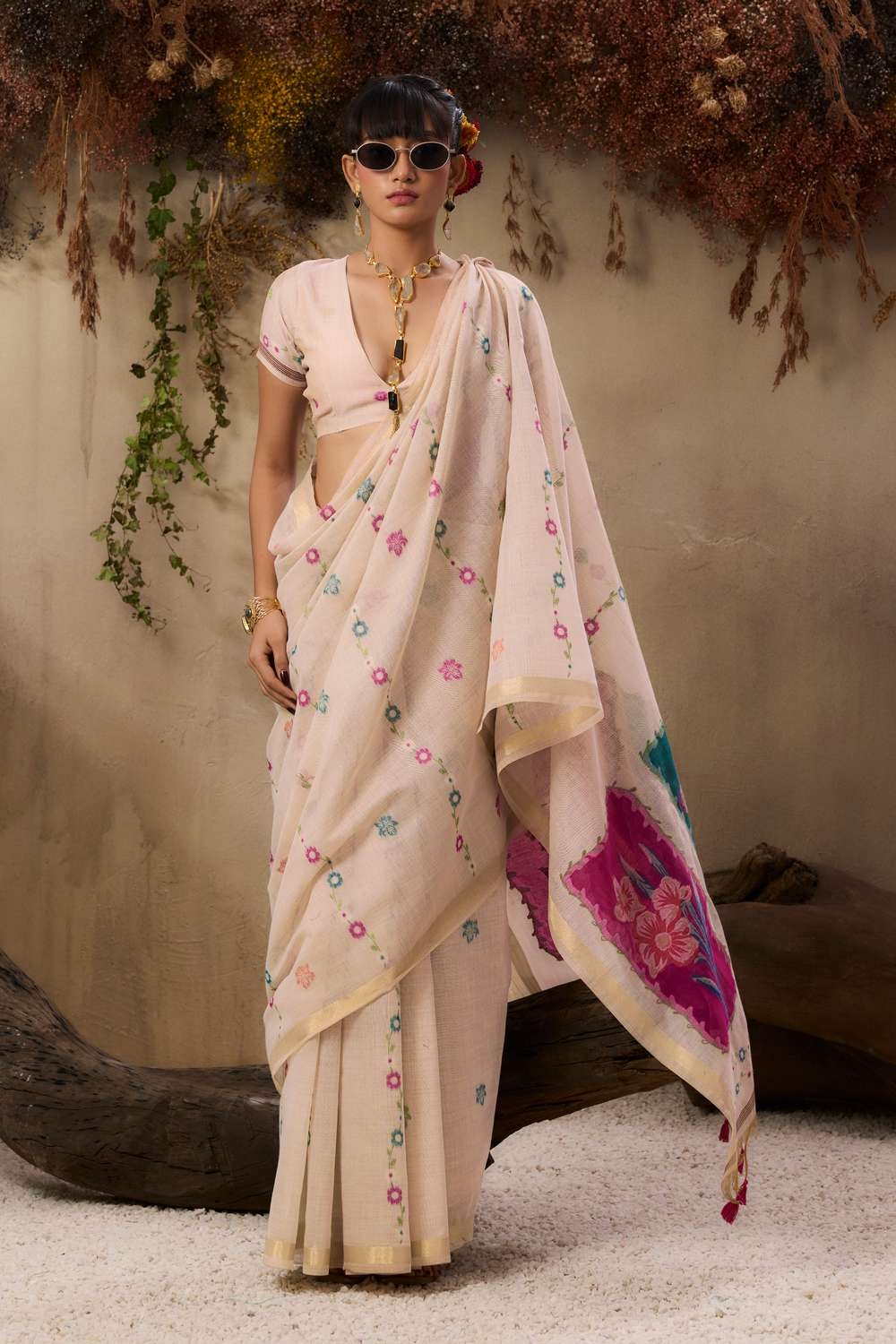 Beige Silk Floral Resham Thread Woven Designer Saree