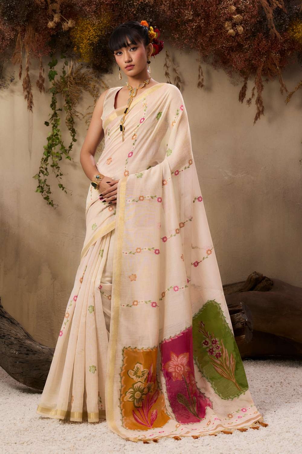 Beige Silk Multicolor Resham Panel Woven Saree
