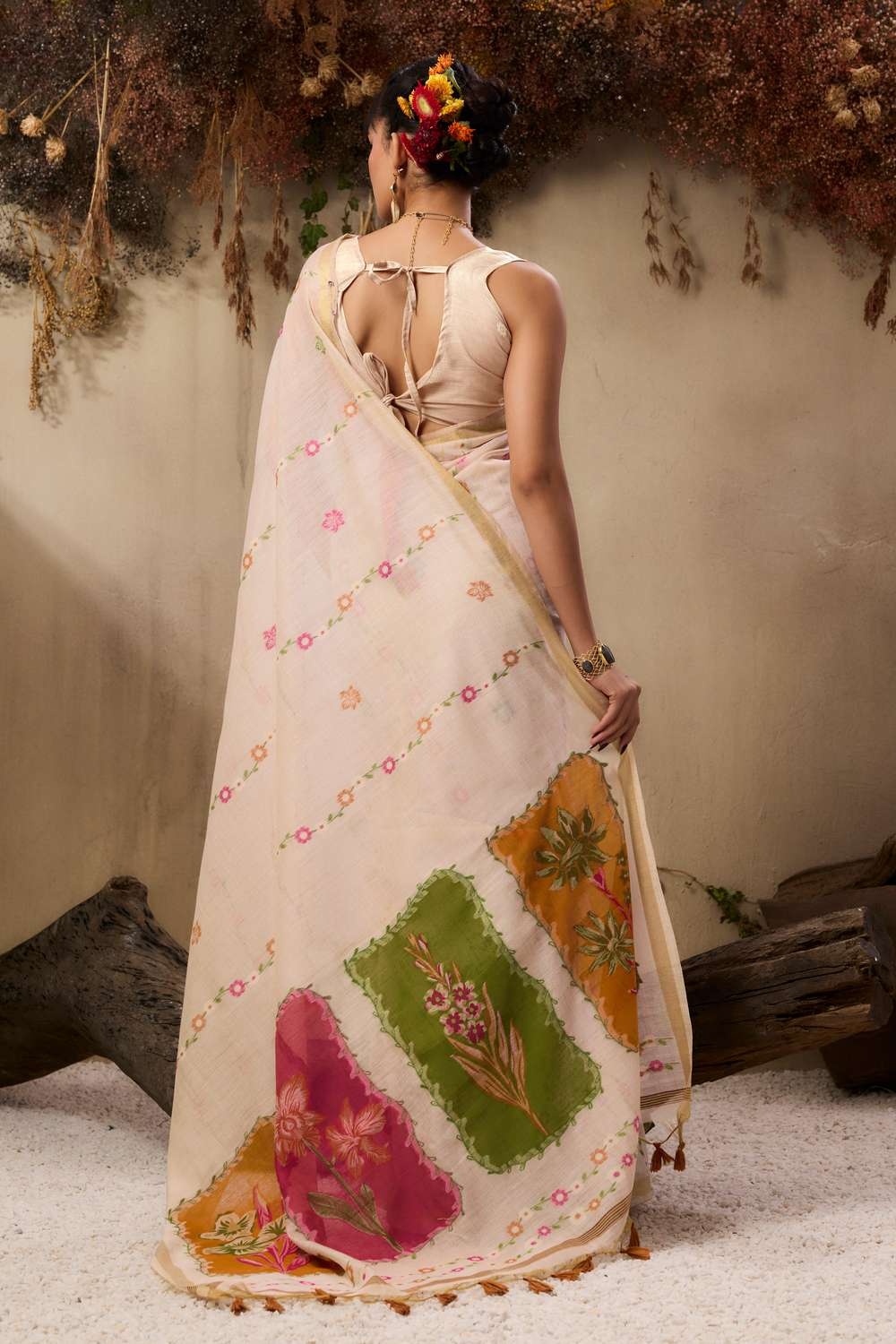 Beige Silk Multicolor Resham Panel Woven Saree — alternate view