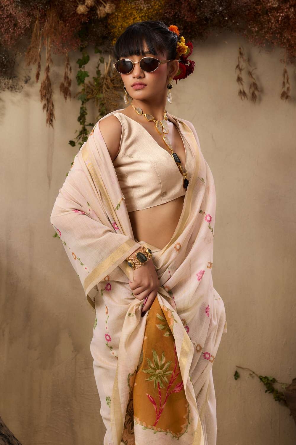 Beige Silk Multicolor Resham Panel Woven Saree
