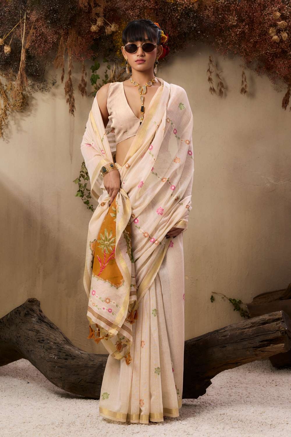 Beige Silk Multicolor Resham Panel Woven Saree
