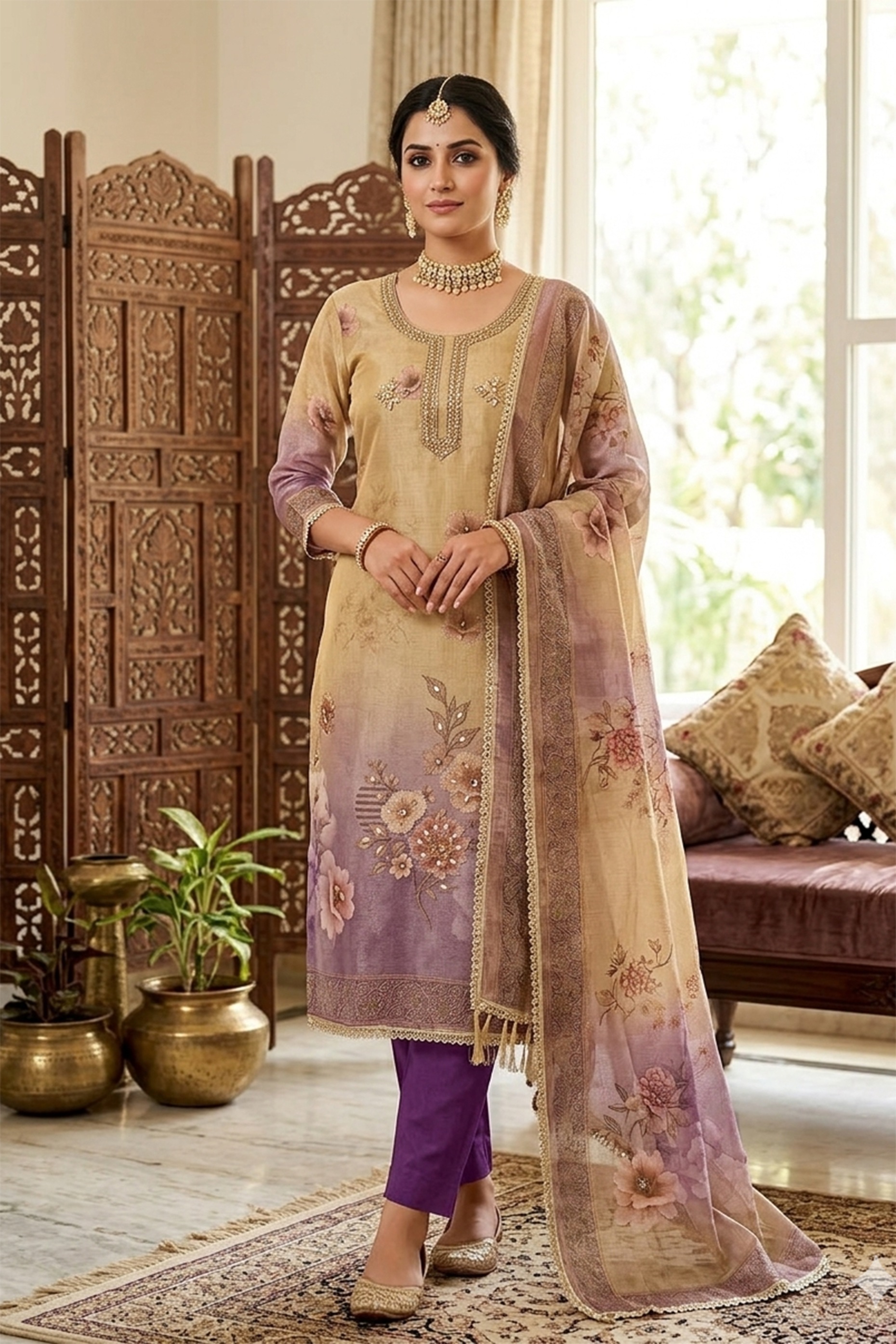 Beige Simmer Cotton Earthy Motif Straight Salwar Suit