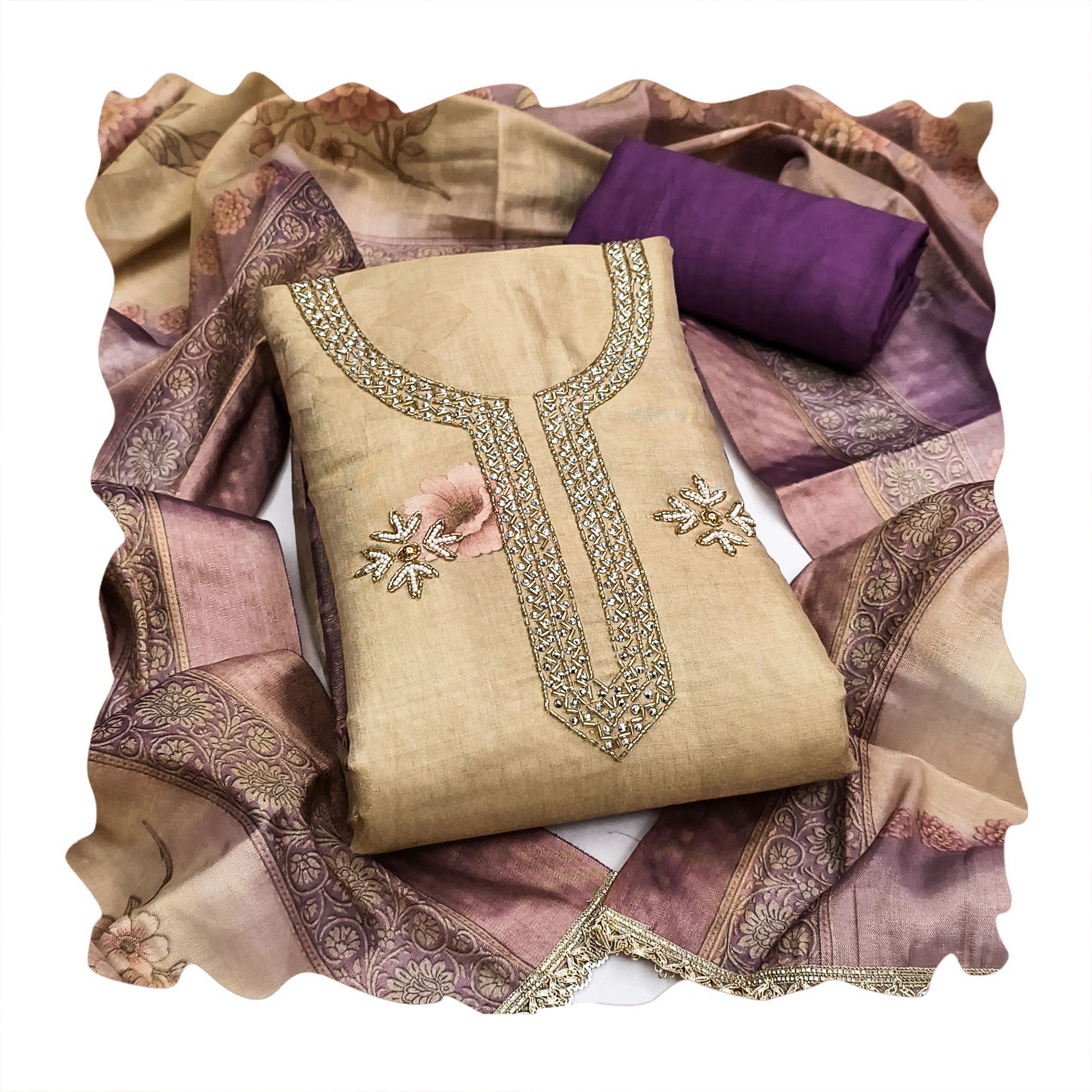 Beige Simmer Cotton Earthy Motif Straight Salwar Suit — alternate view