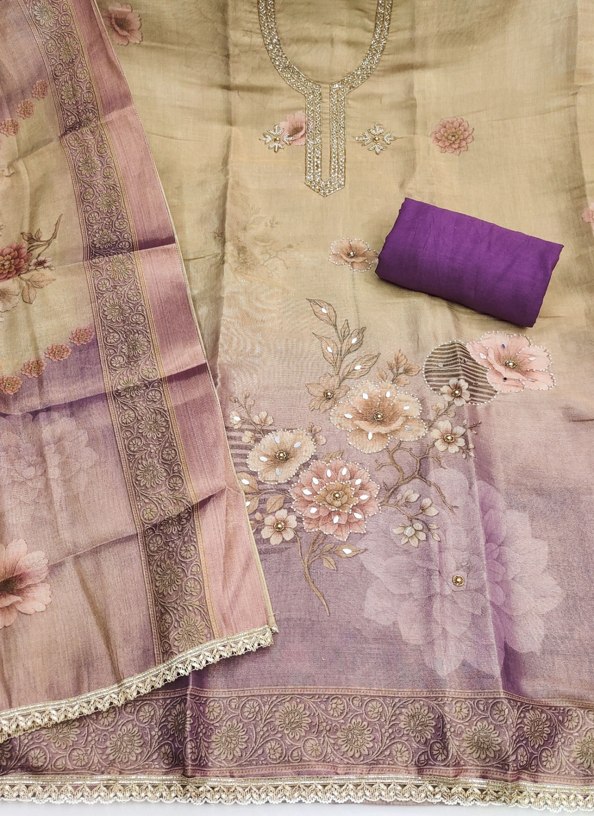 Beige Simmer Cotton Earthy Motif Straight Salwar Suit