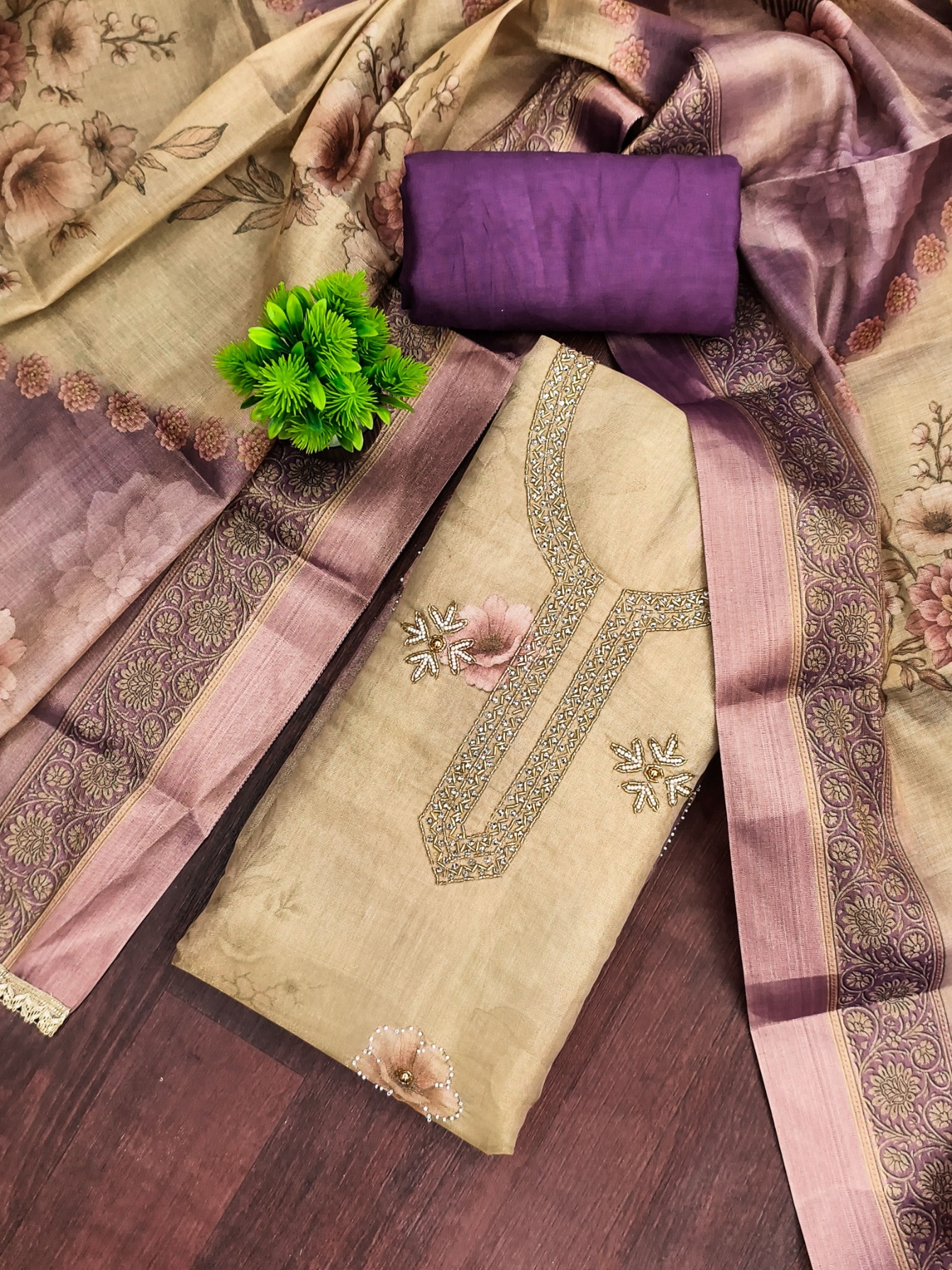 Beige Simmer Cotton Earthy Motif Straight Salwar Suit