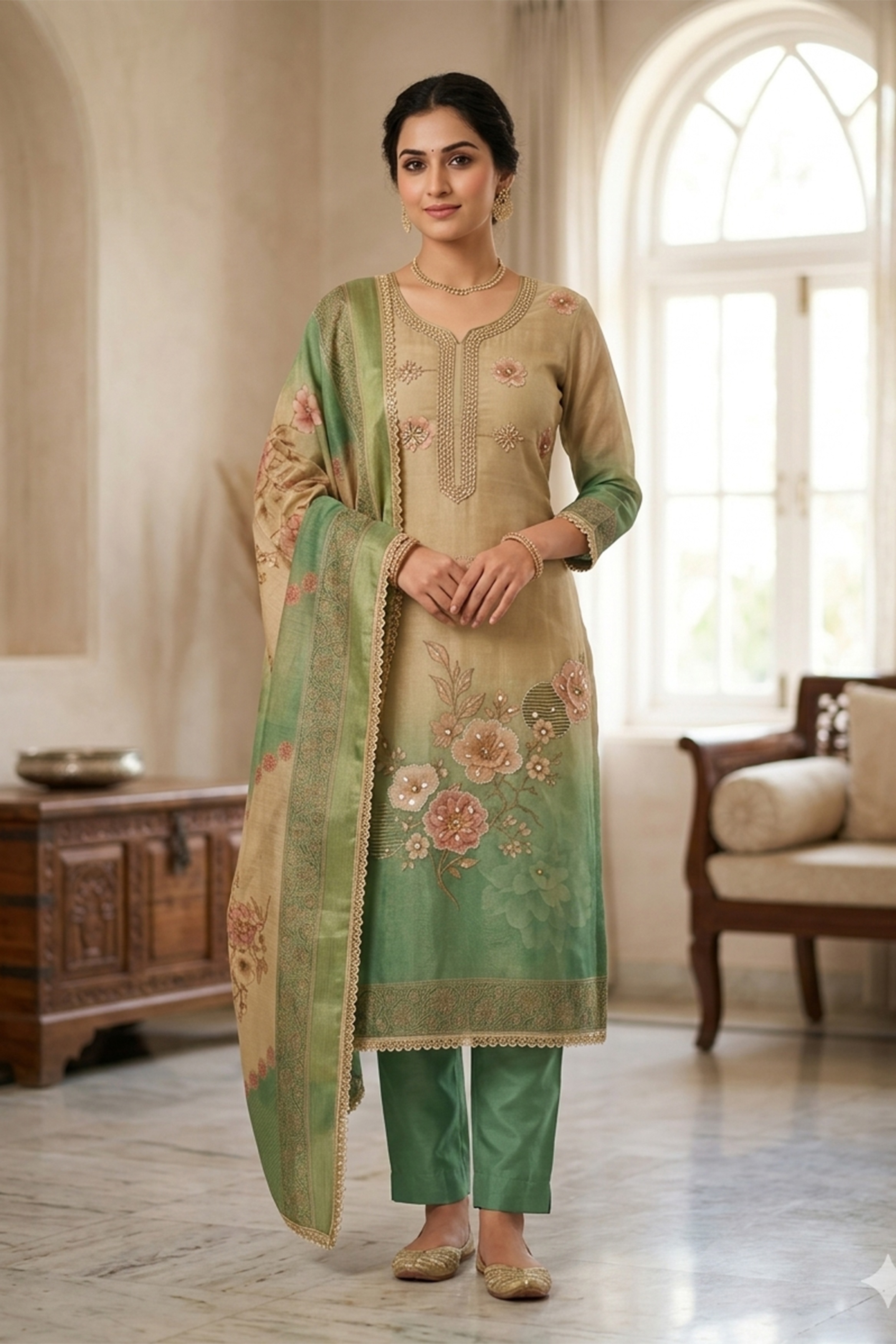 Beige Simmer Cotton Heritage Print Straight Salwar Suit