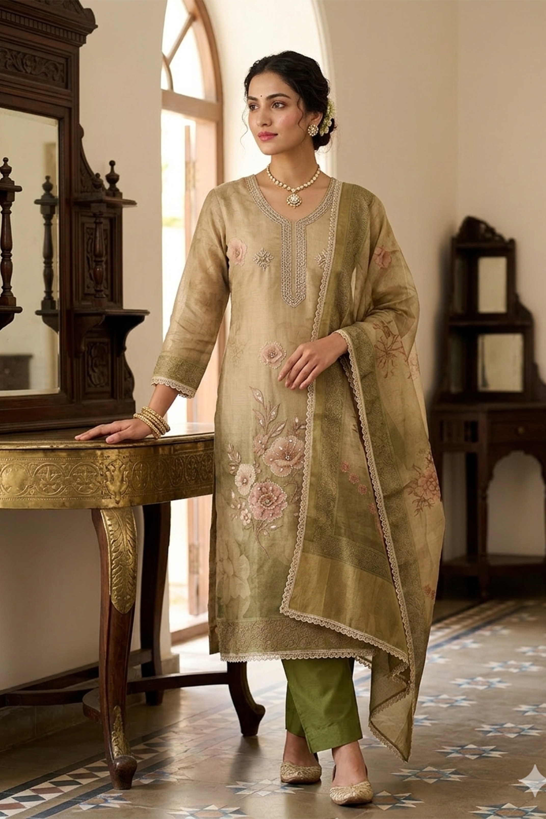 Beige Simmer Cotton Subtle Geometry Straight Salwar Suit