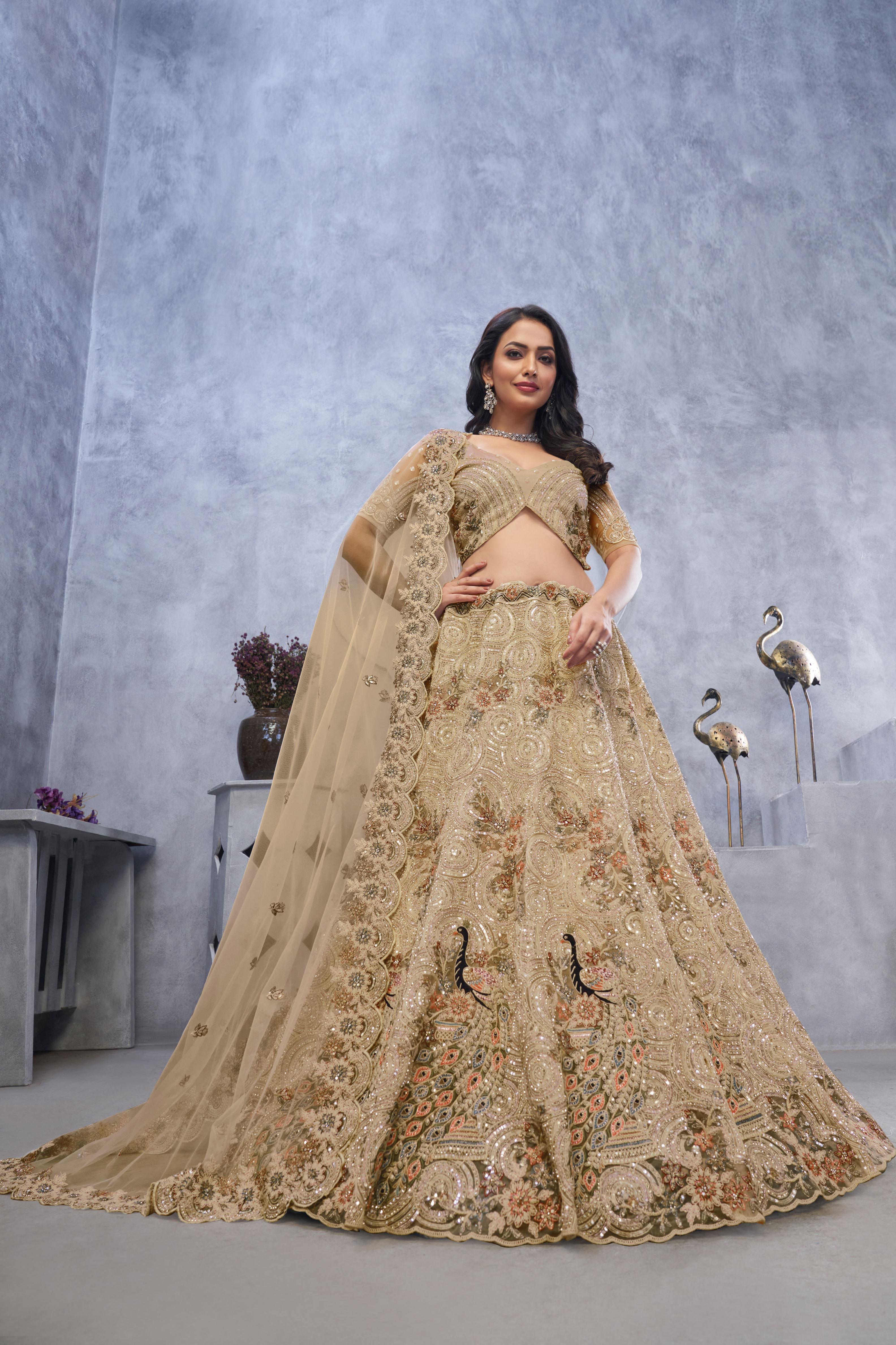 Beige Soft Net Wedding Lehenga