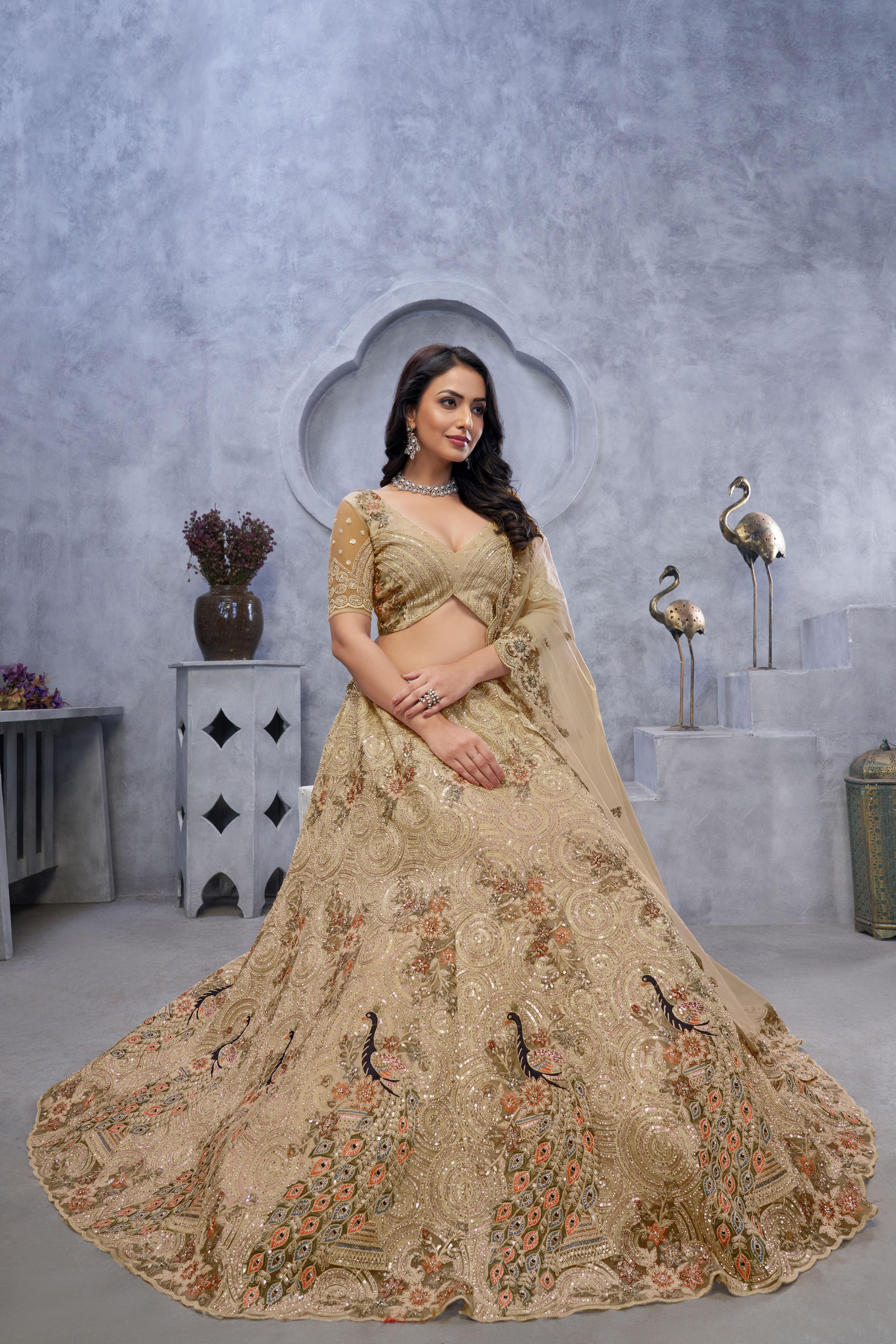 Beige Soft Net Wedding Lehenga