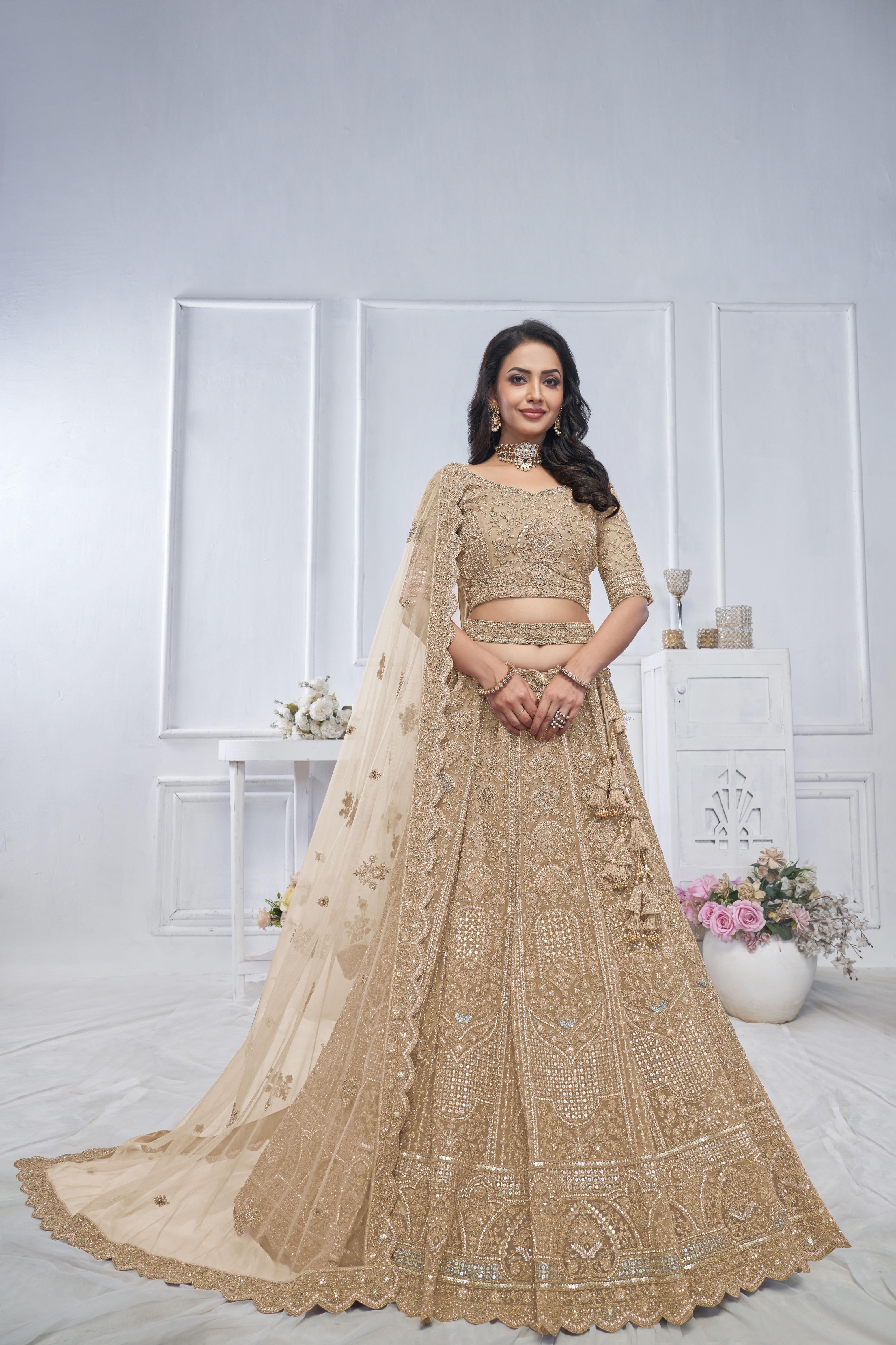 Beige Soft Net Wedding Lehenga