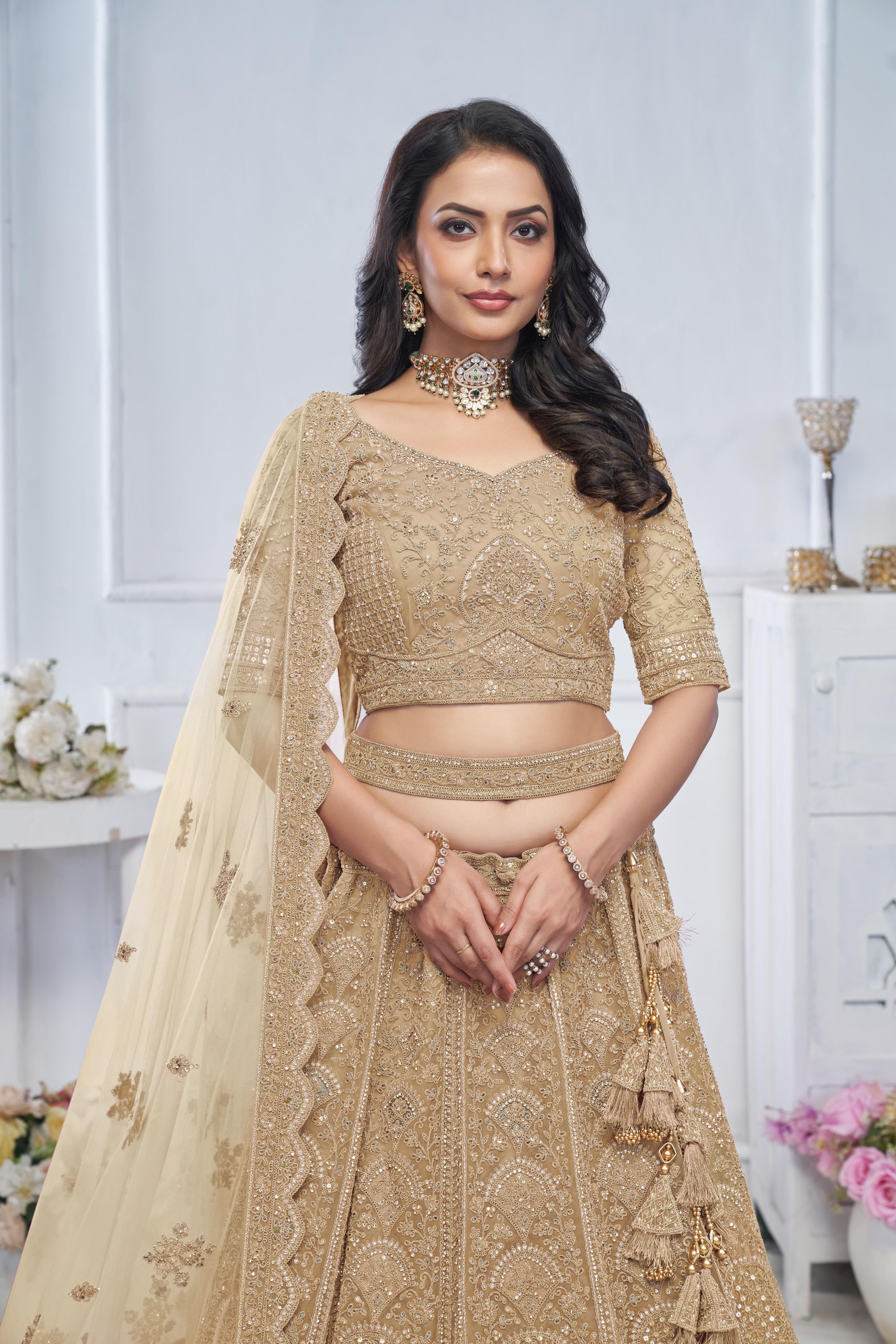 Beige Soft Net Wedding Lehenga