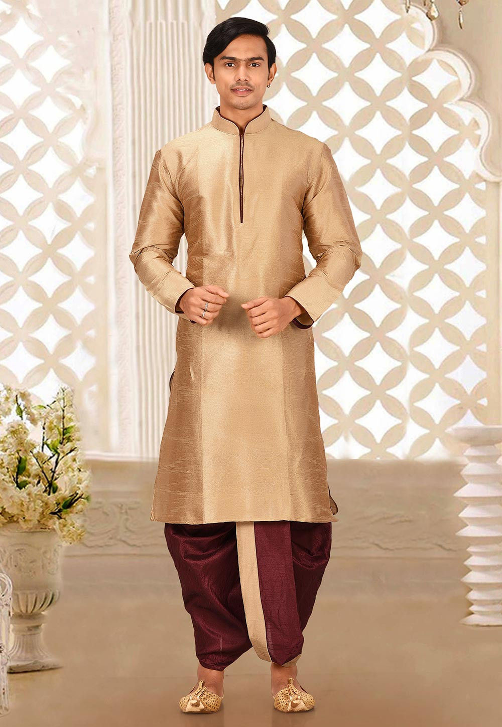 Beige Solid Art Silk Kurta Dhoti Set