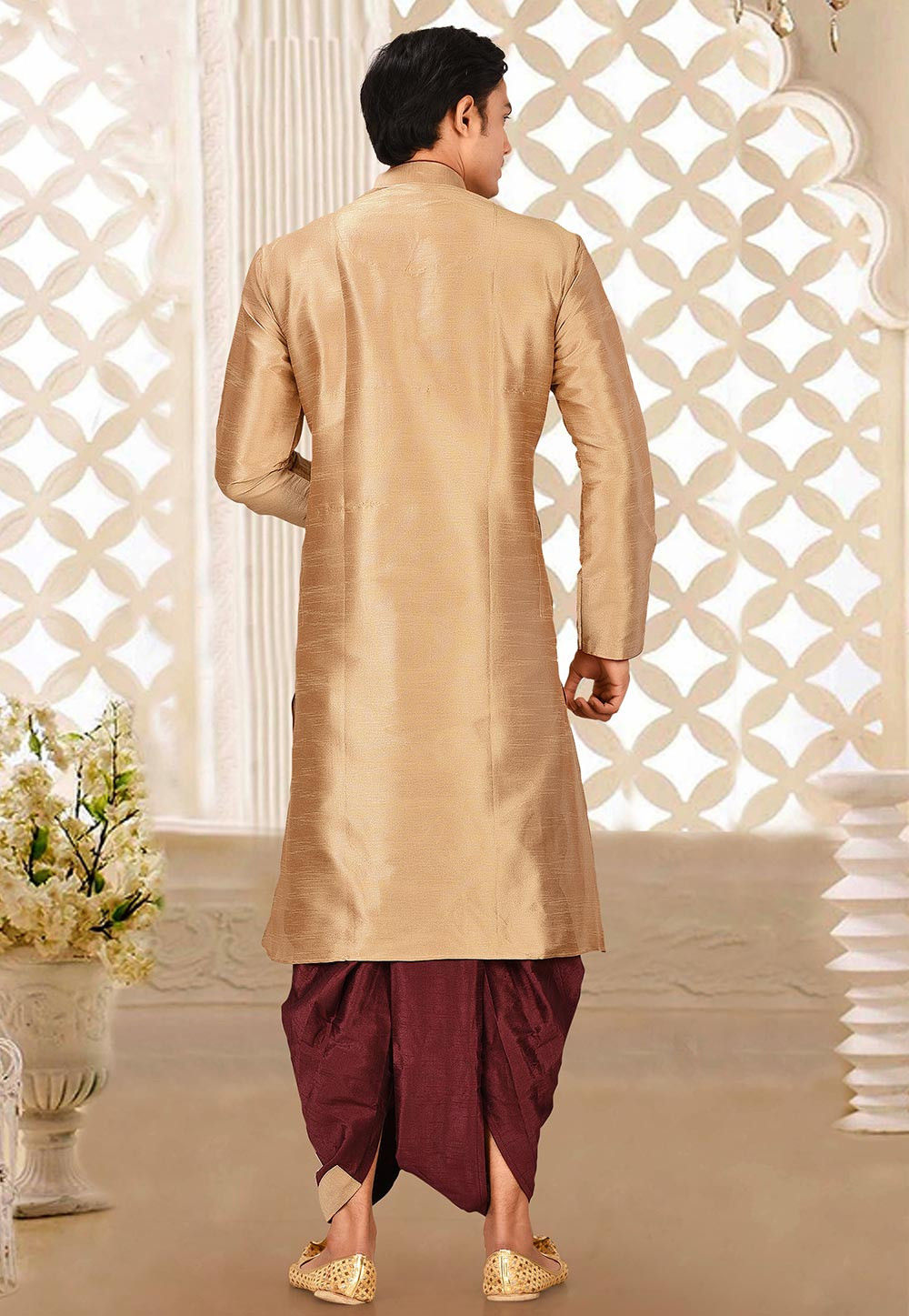 Beige Solid Art Silk Kurta Dhoti Set — alternate view