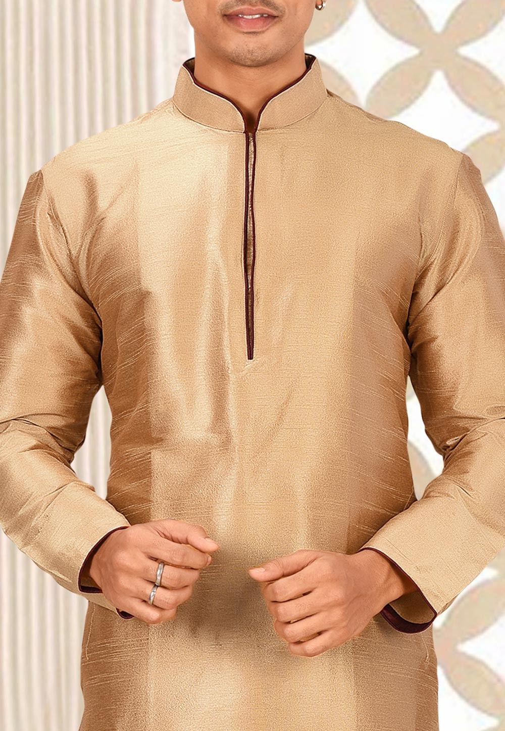 Beige Solid Art Silk Kurta Dhoti Set