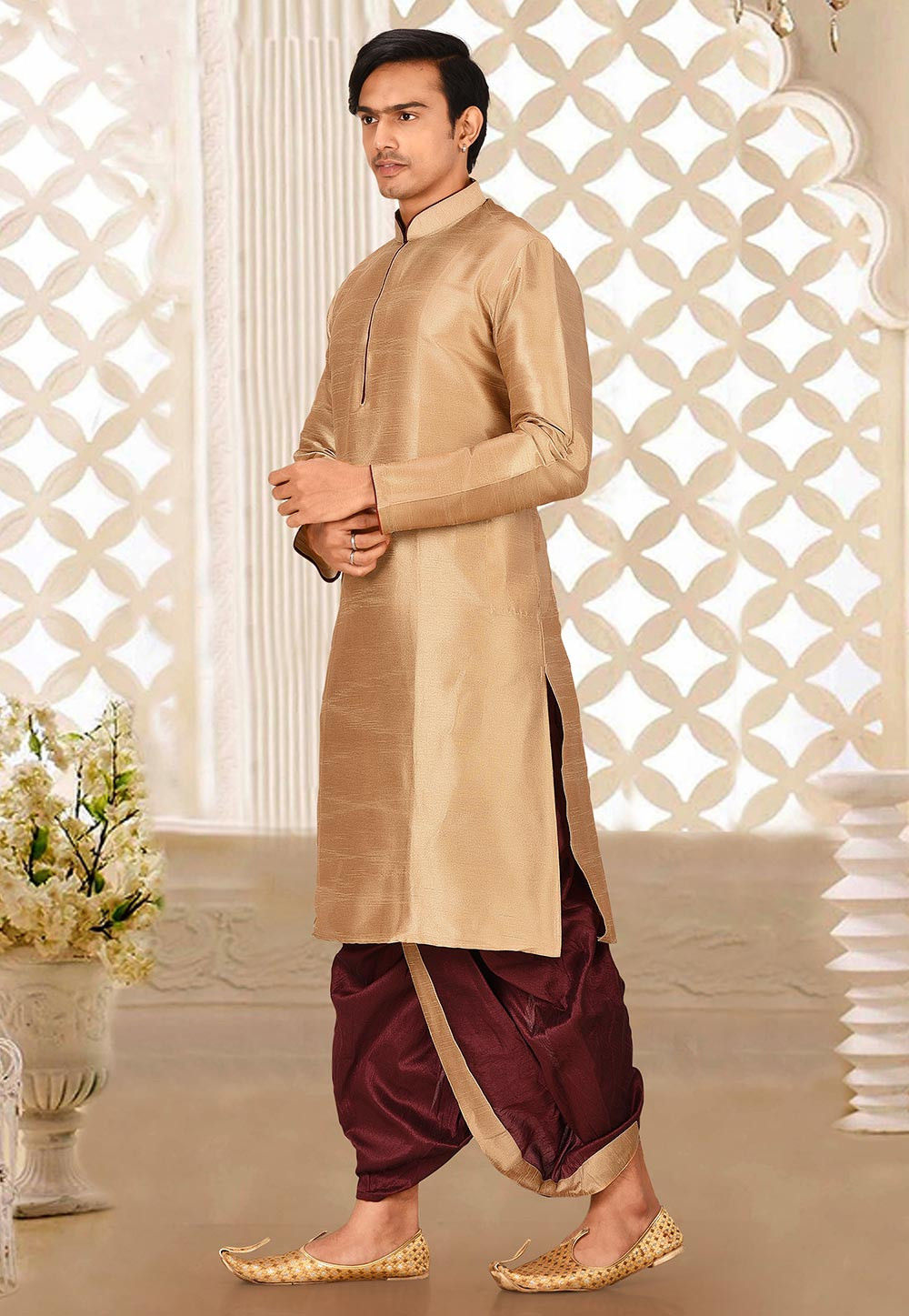 Beige Solid Art Silk Kurta Dhoti Set
