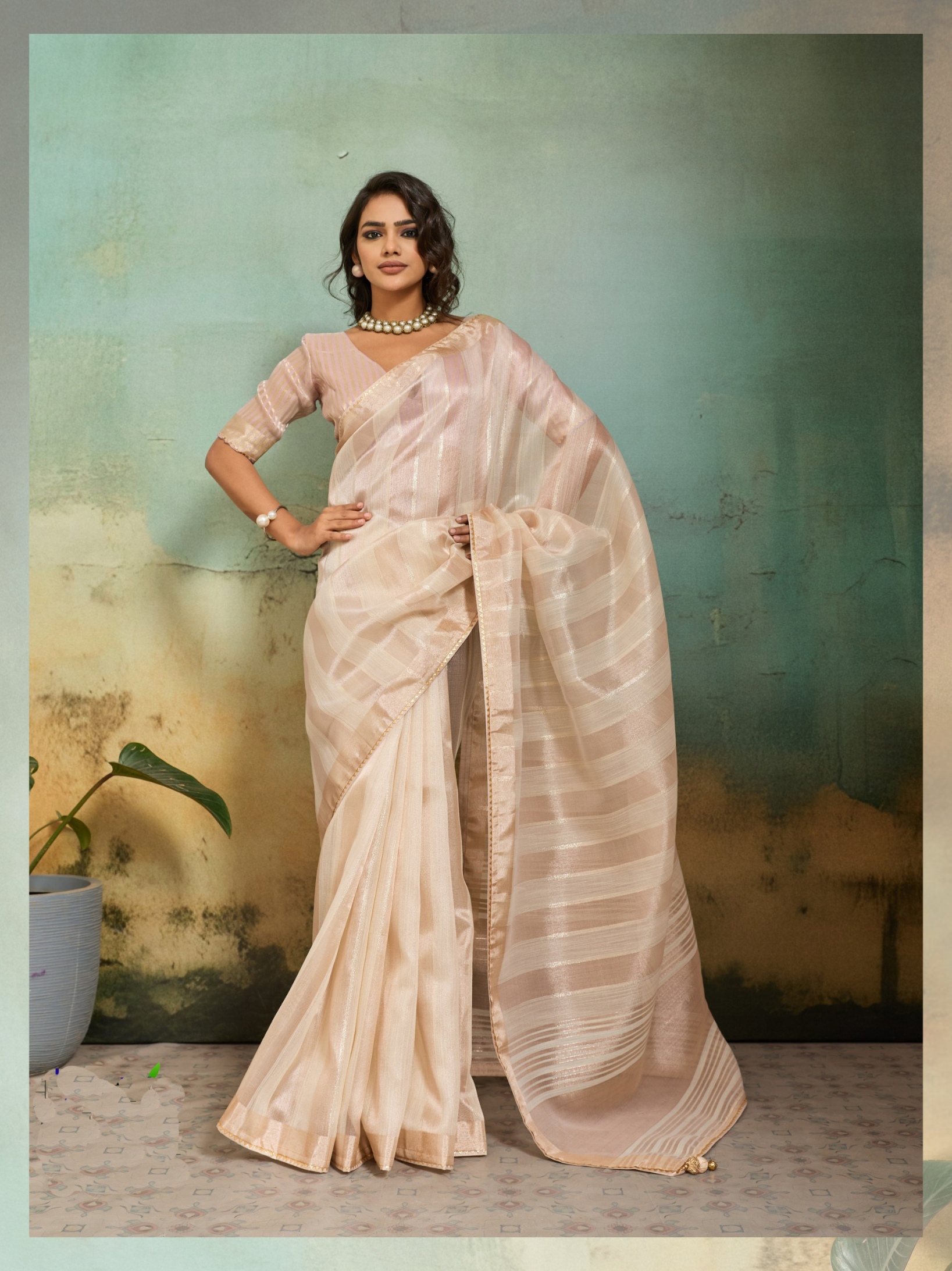 Beige Striped Zari Cotton Silk Saree