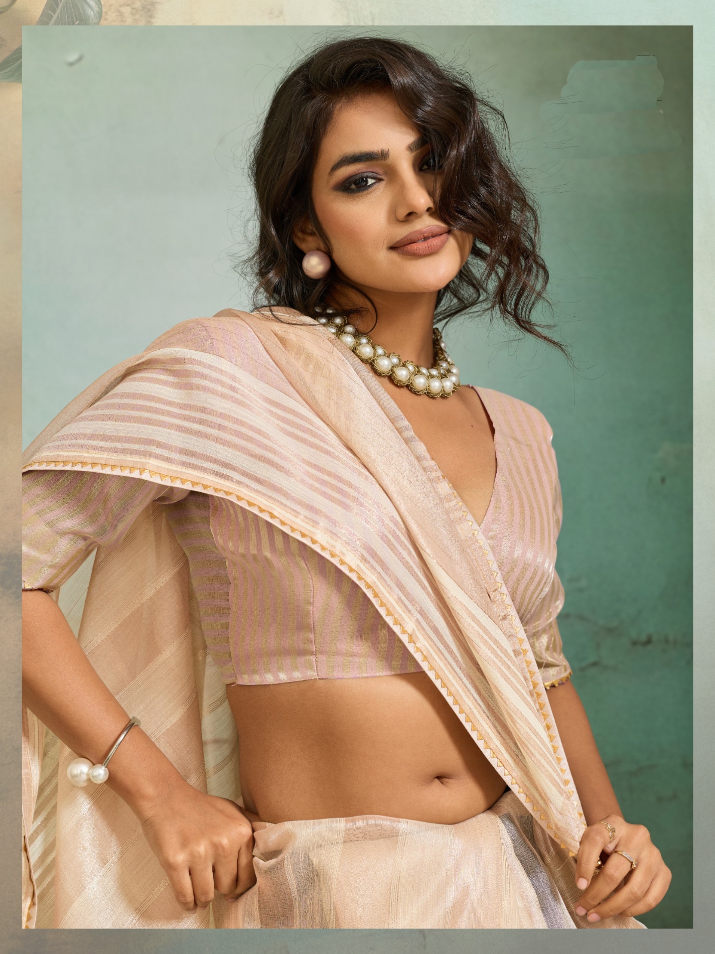Beige Striped Zari Cotton Silk Saree — alternate view