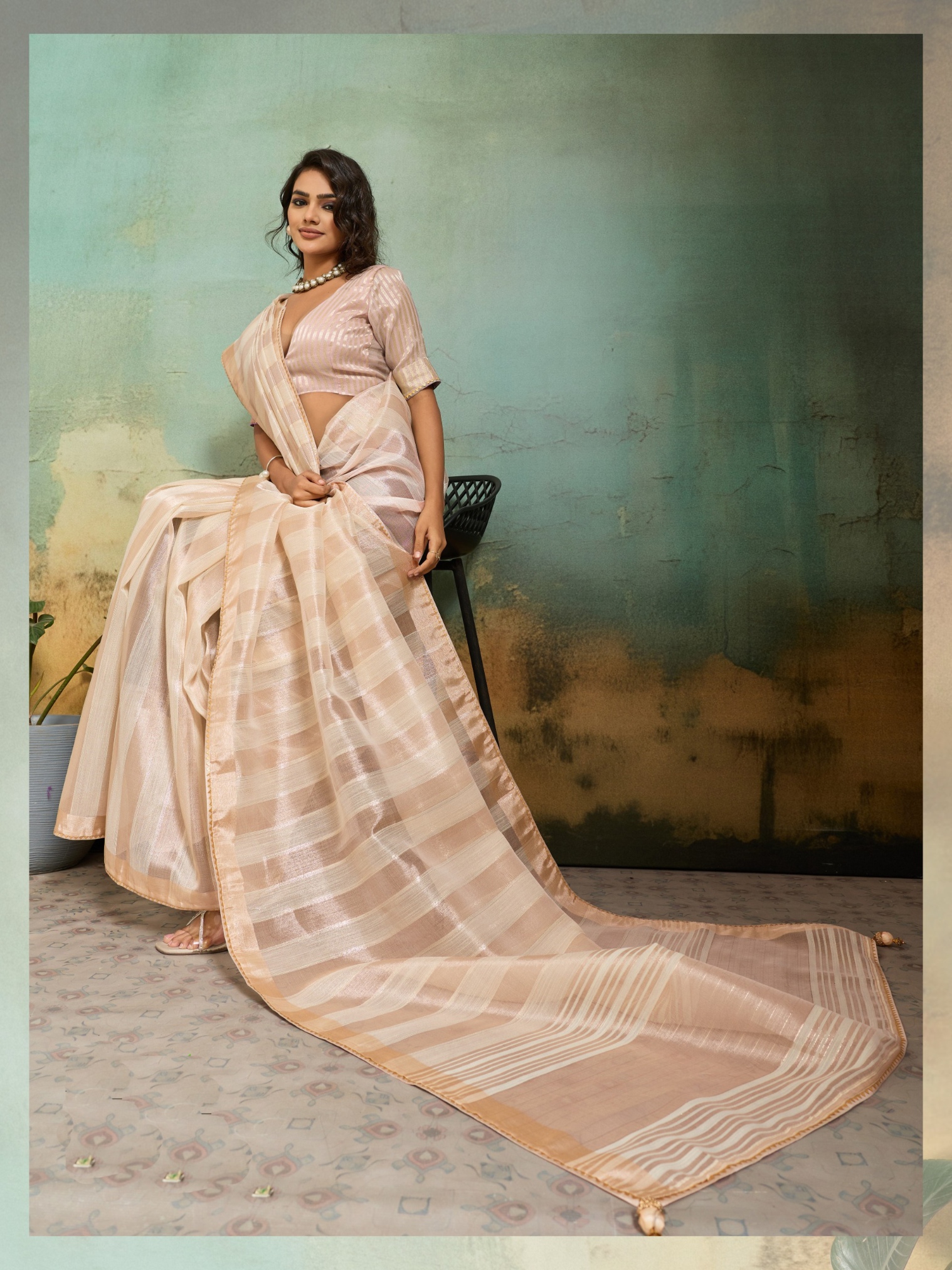 Beige Striped Zari Cotton Silk Saree