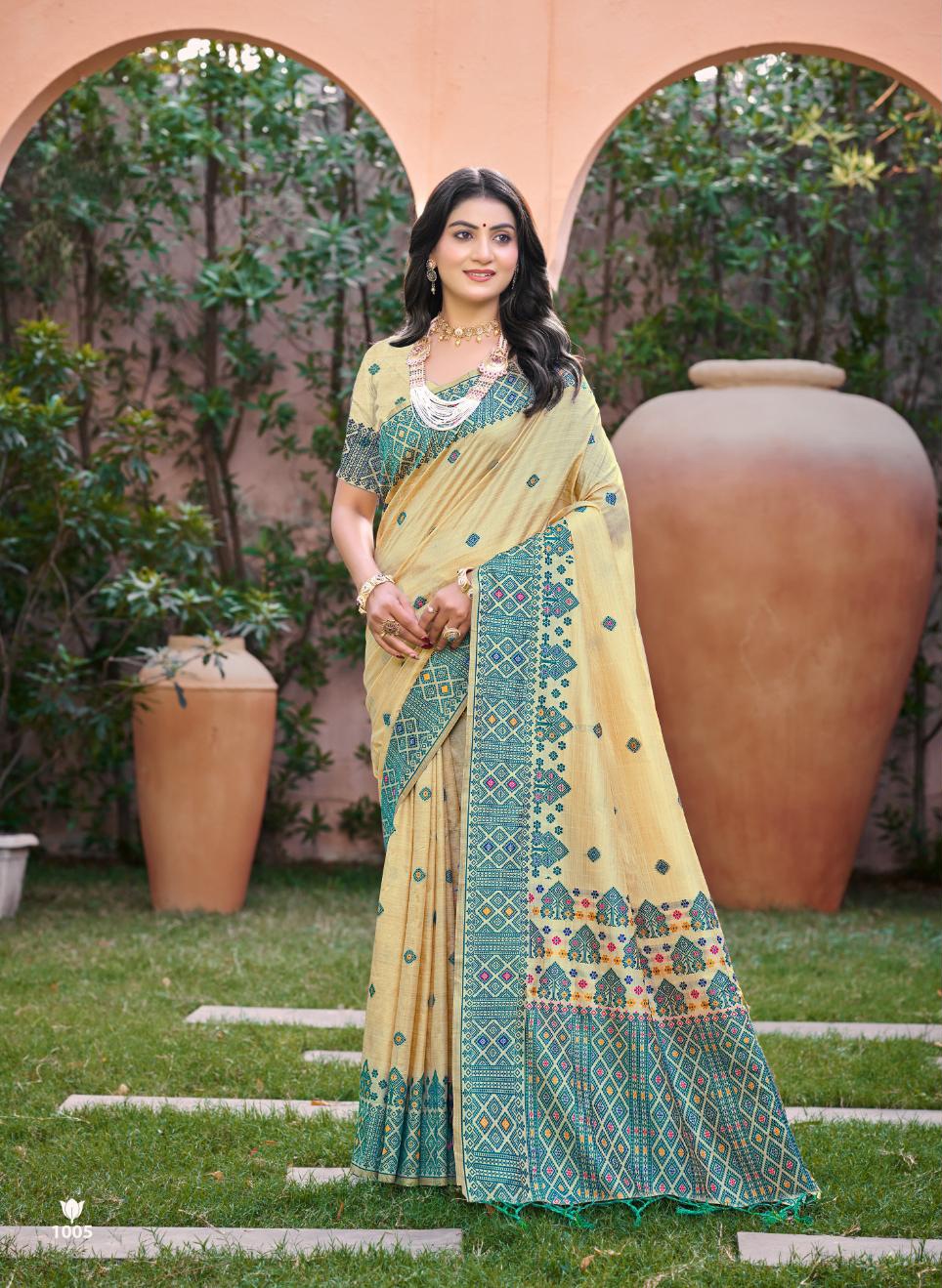 Beige Teal Blue Geometric Woven Assam Silk Saree