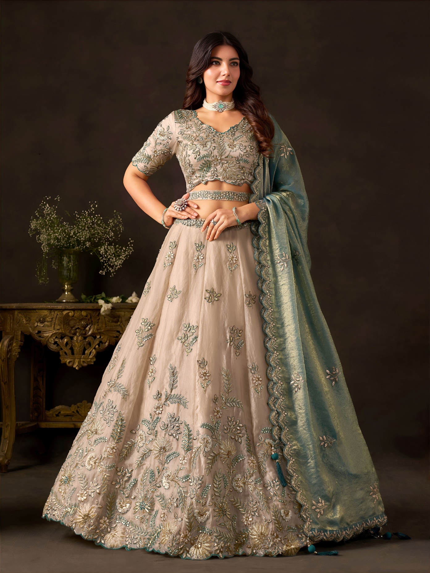 Beige Teal Zari Fendy Bridal Lehenga Choli