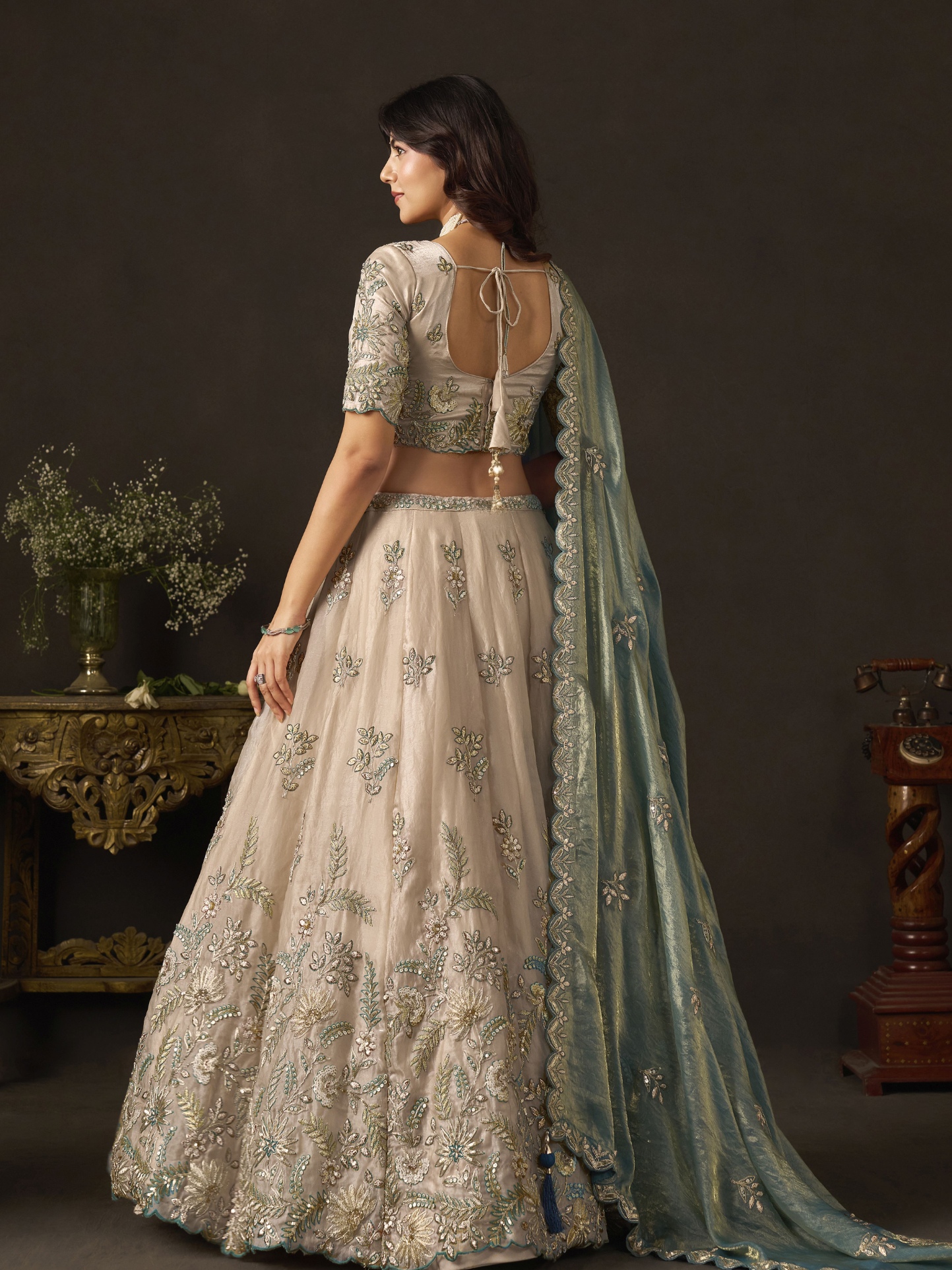 Beige Teal Zari Fendy Bridal Lehenga Choli — alternate view