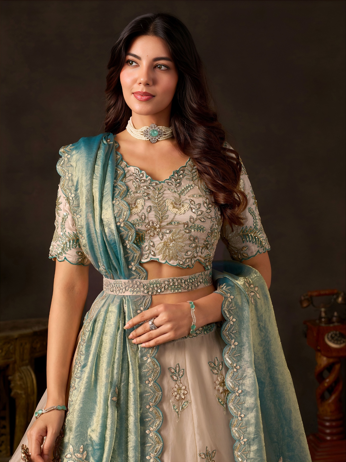 Beige Teal Zari Fendy Bridal Lehenga Choli