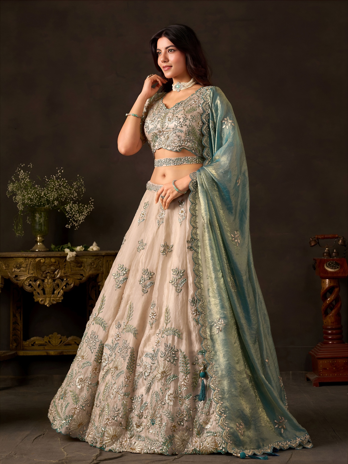 Beige Teal Zari Fendy Bridal Lehenga Choli