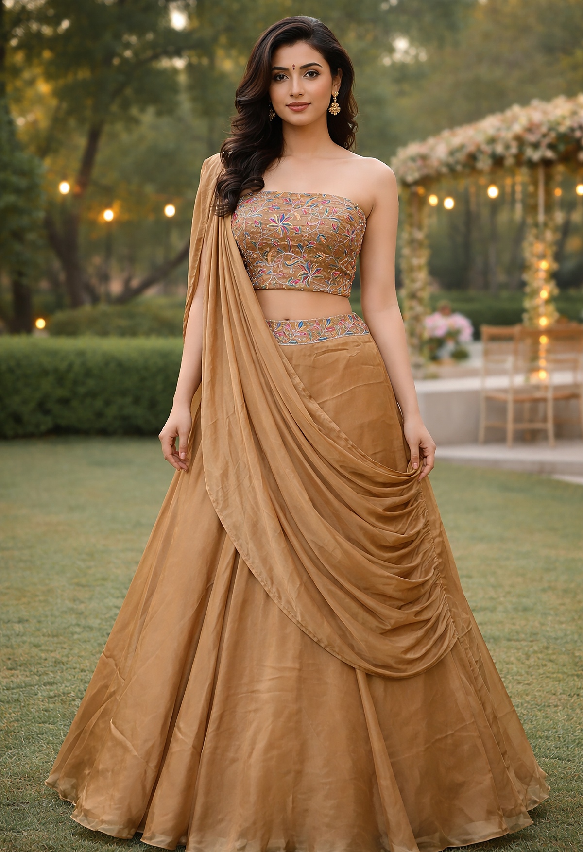 Beige Threadwork Rangoli Silk Lehenga Choli