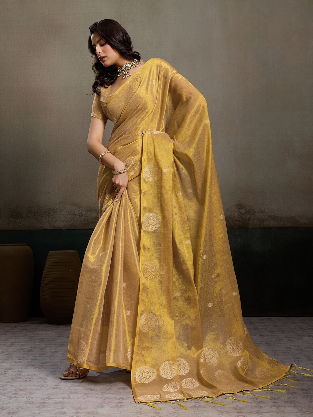 Beige Tissue Silk Woven Designer Saree