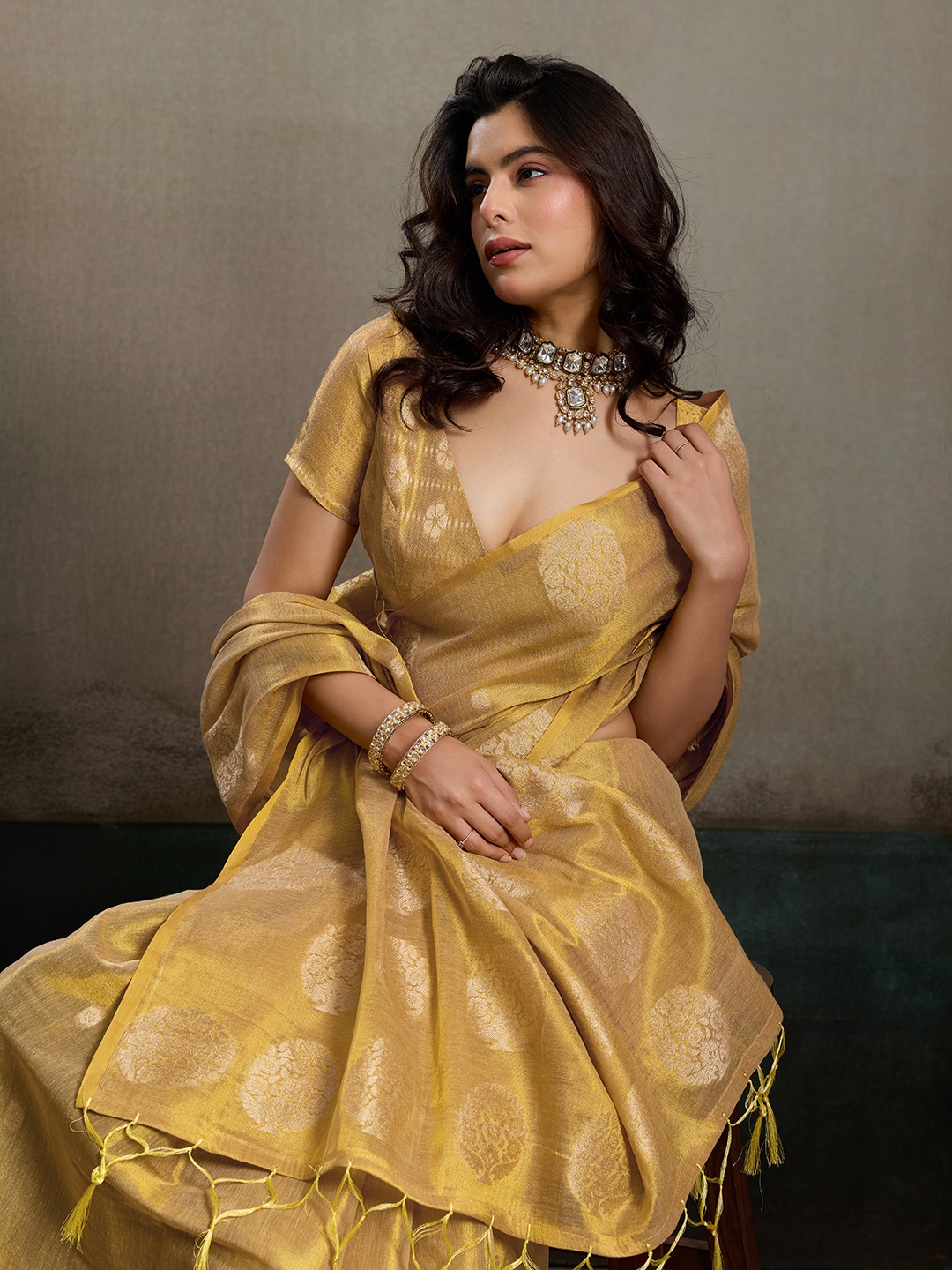 Beige Tissue Silk Woven Designer Saree