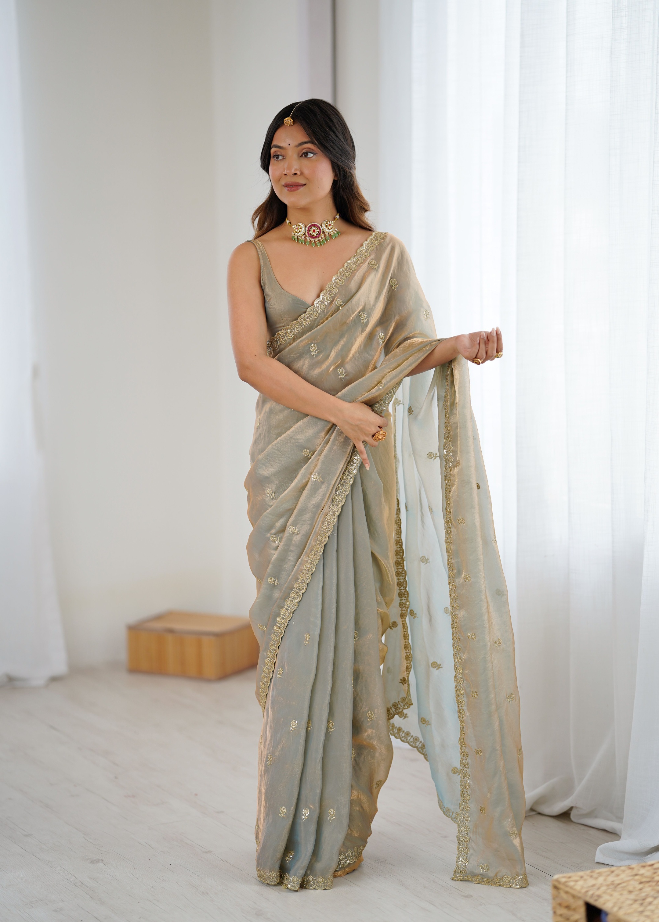 Beige Two Tone Embroidered Fendy Satin Saree