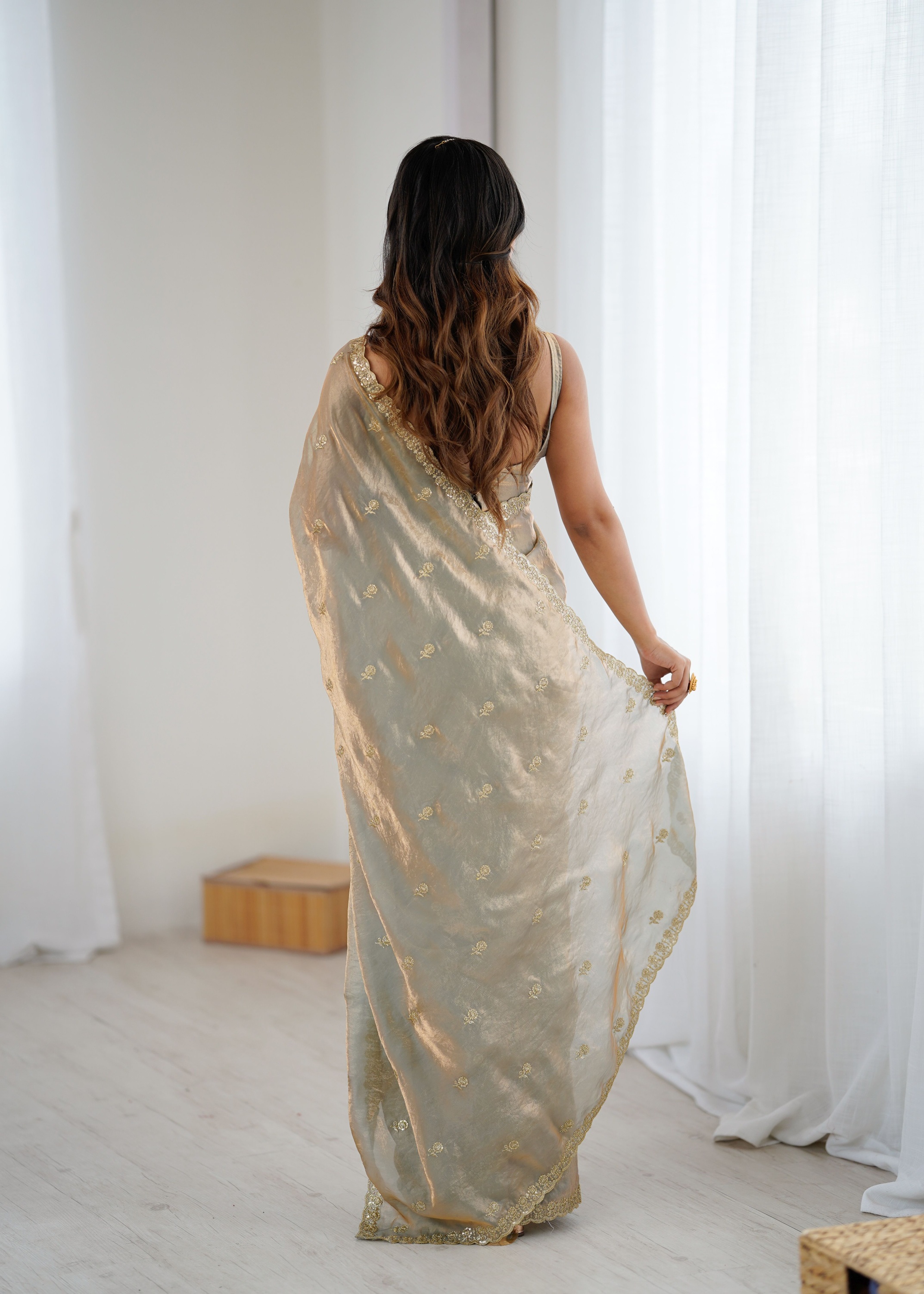 Beige Two Tone Embroidered Fendy Satin Saree — alternate view
