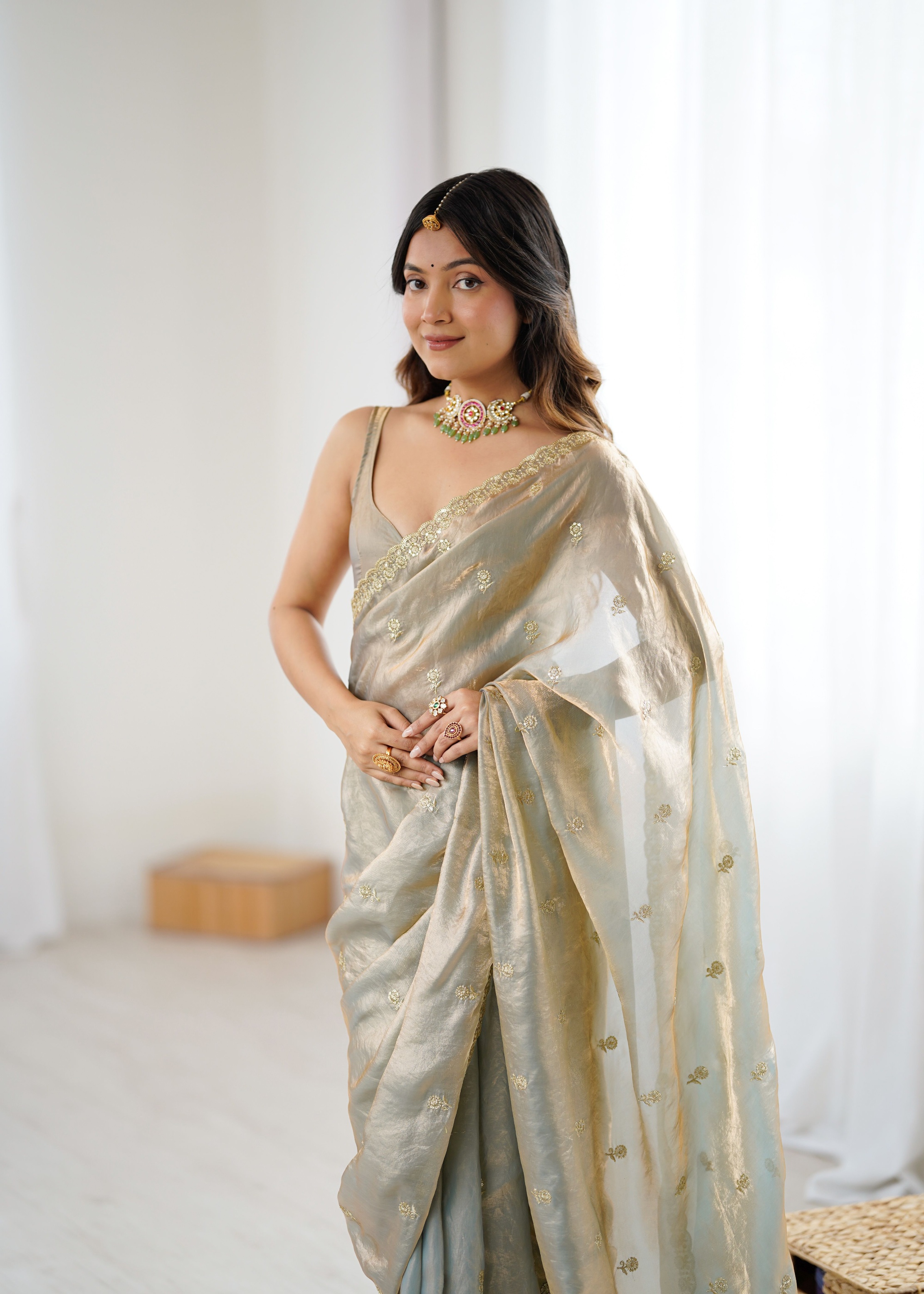Beige Two Tone Embroidered Fendy Satin Saree