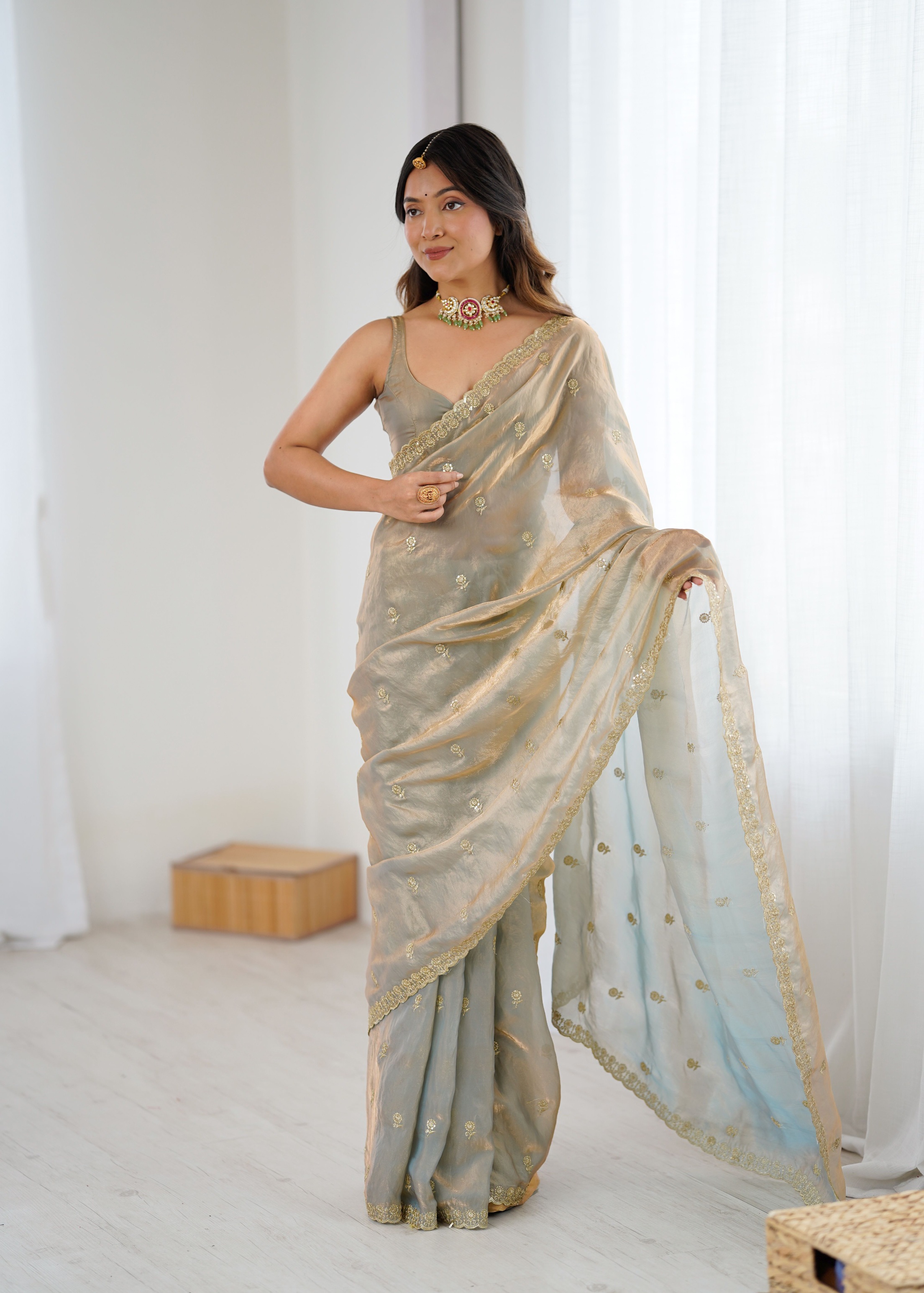 Beige Two Tone Embroidered Fendy Satin Saree