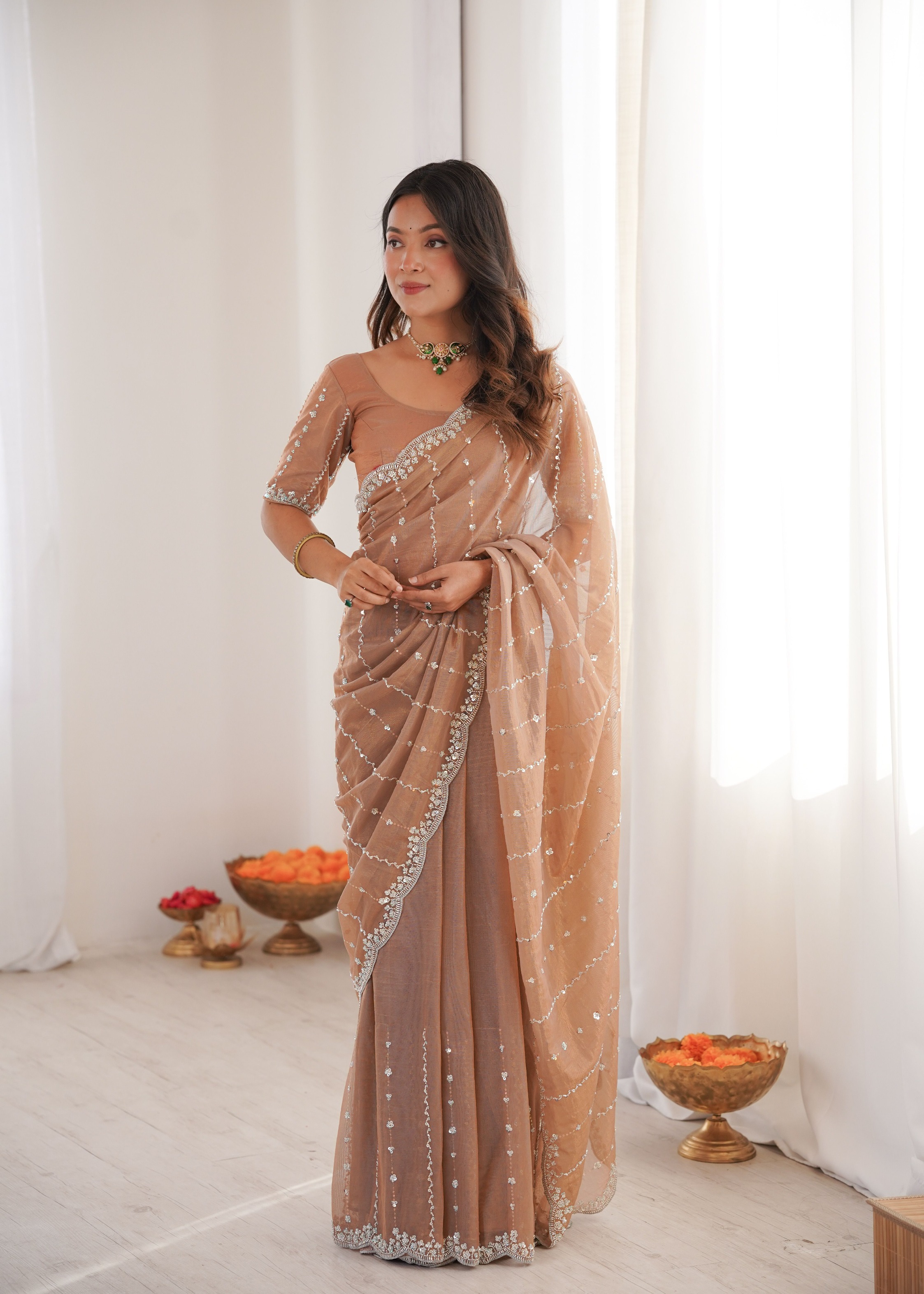 Beige Two Tone Sequin N Cut Dana Work Twill Net Saree