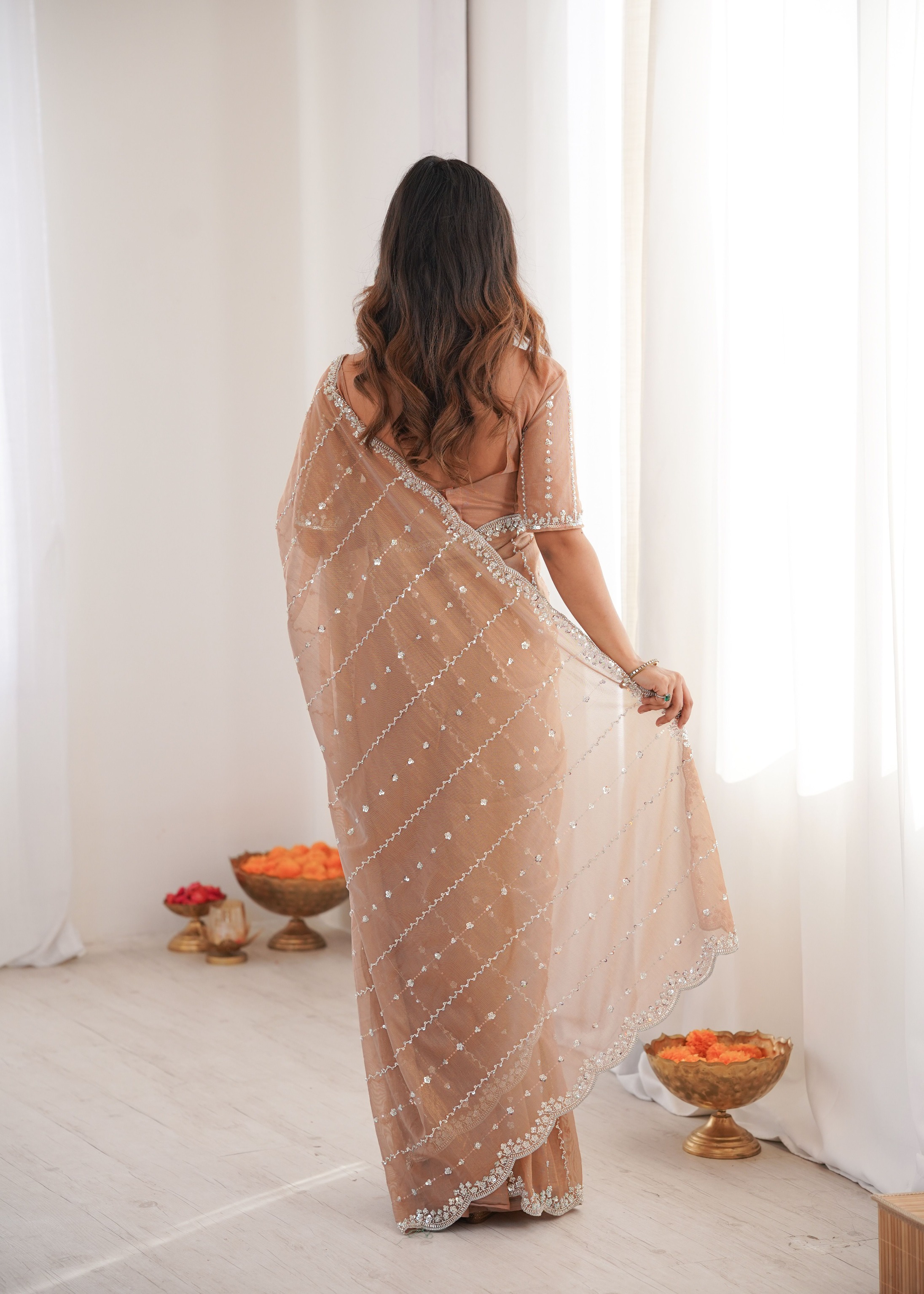 Beige Two Tone Sequin N Cut Dana Work Twill Net Saree — alternate view