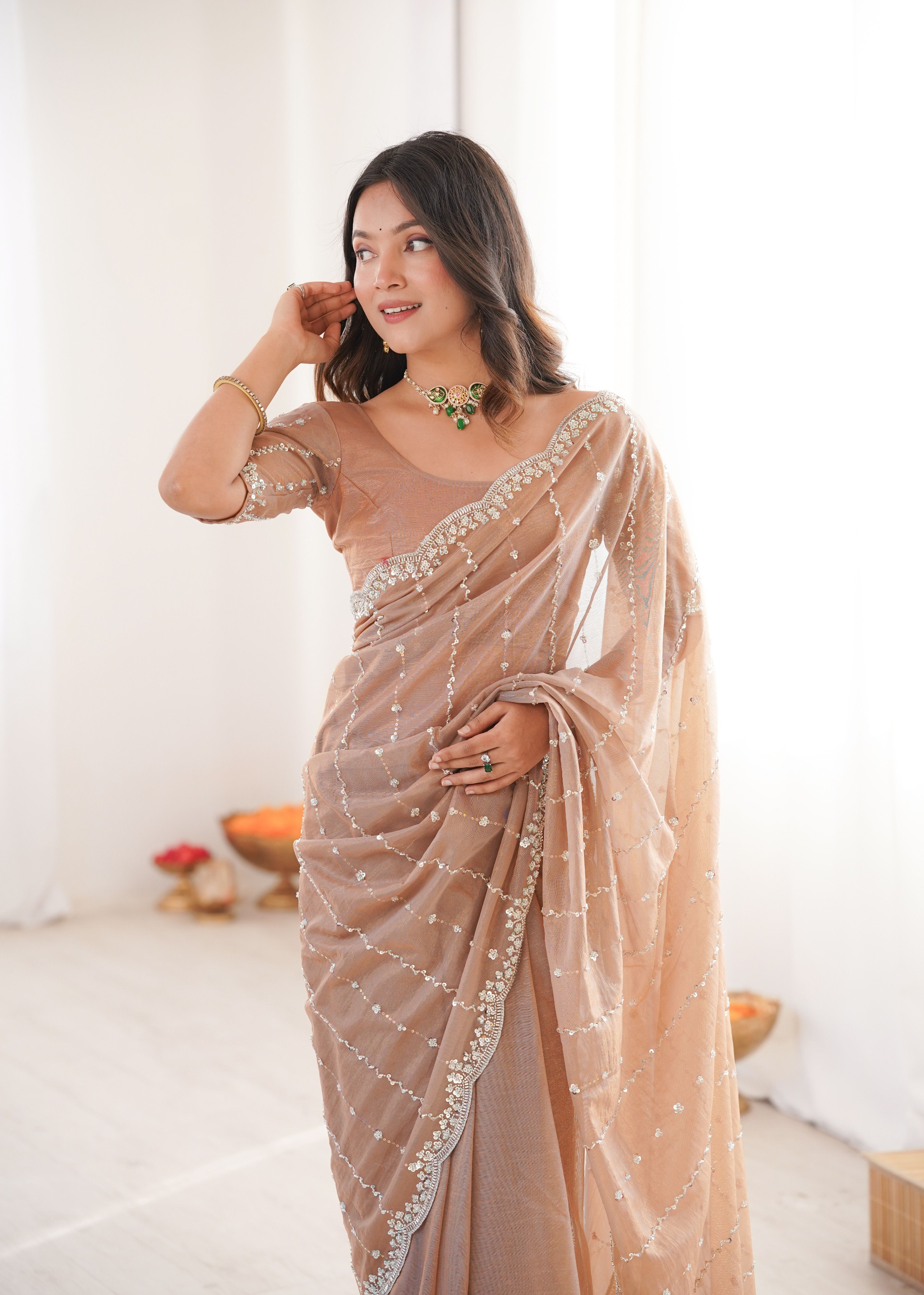Beige Two Tone Sequin N Cut Dana Work Twill Net Saree
