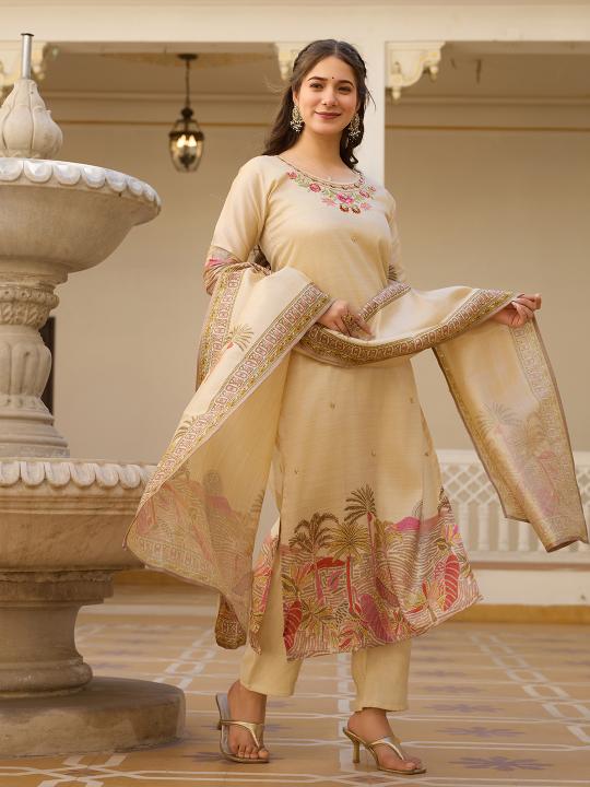 Beige Viscose Assam Silk Readymade Suits