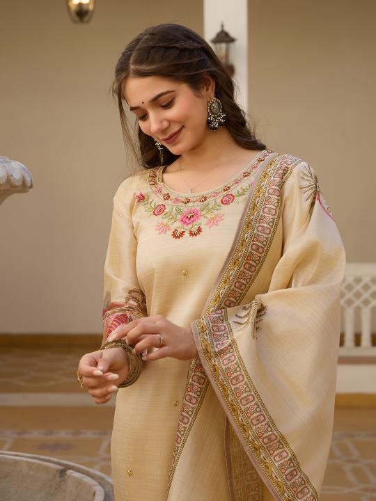 Beige Viscose Assam Silk Readymade Suits