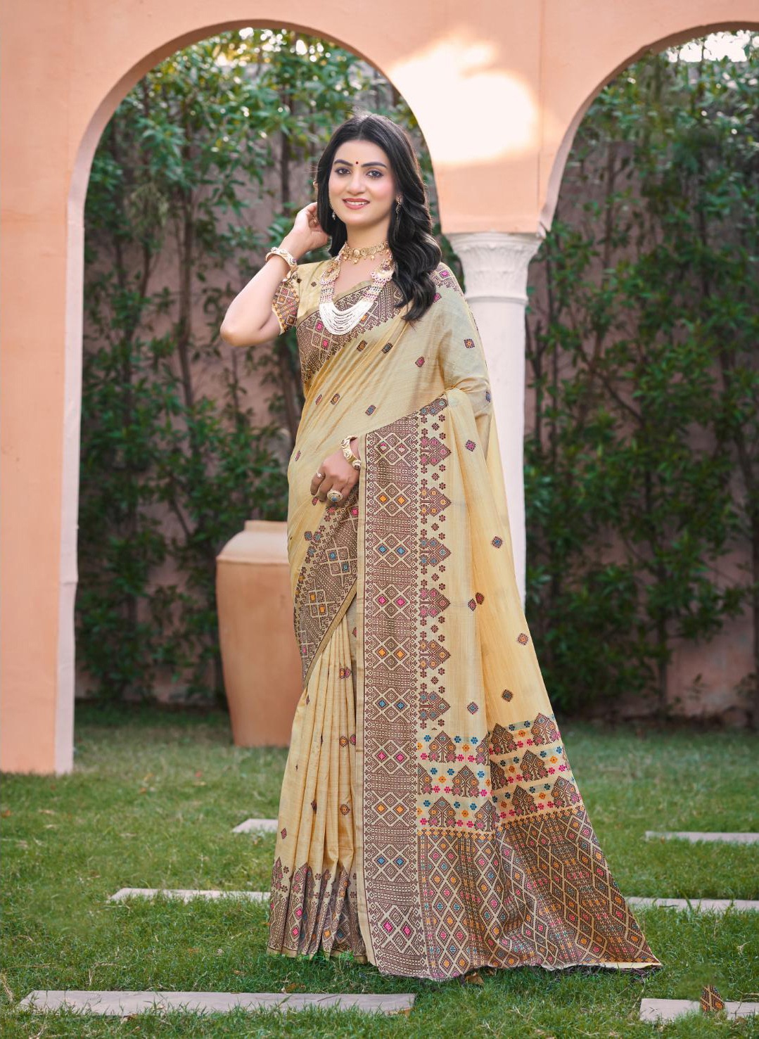 Beige Wine Geometric Woven Assam Silk Saree