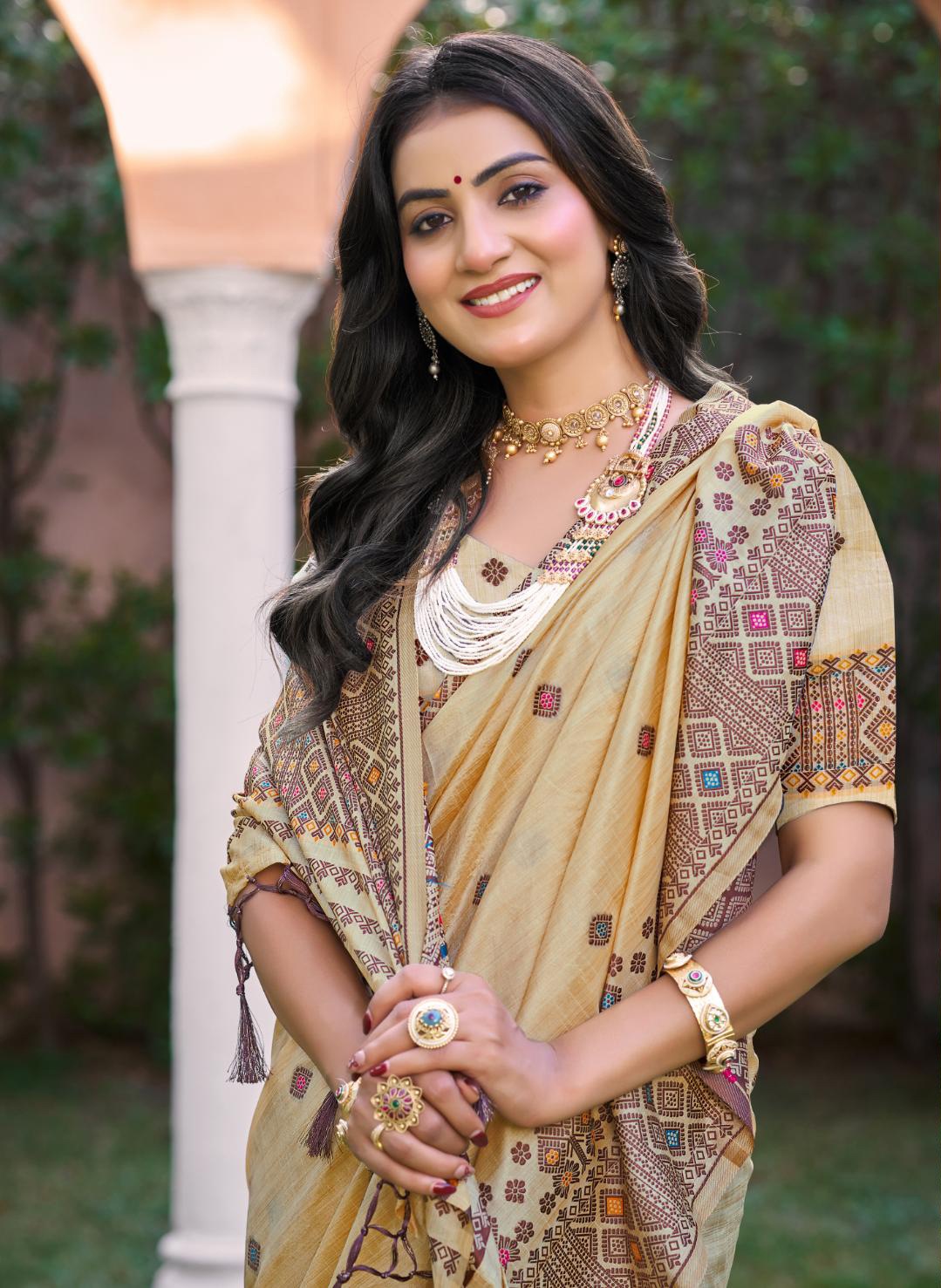 Beige Wine Geometric Woven Assam Silk Saree