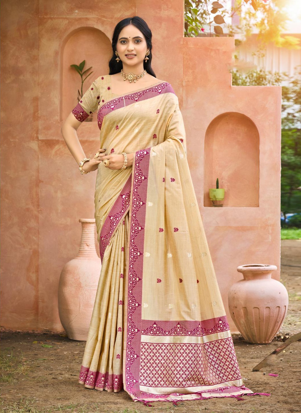Beige Wine Woven Assam Silk Saree
